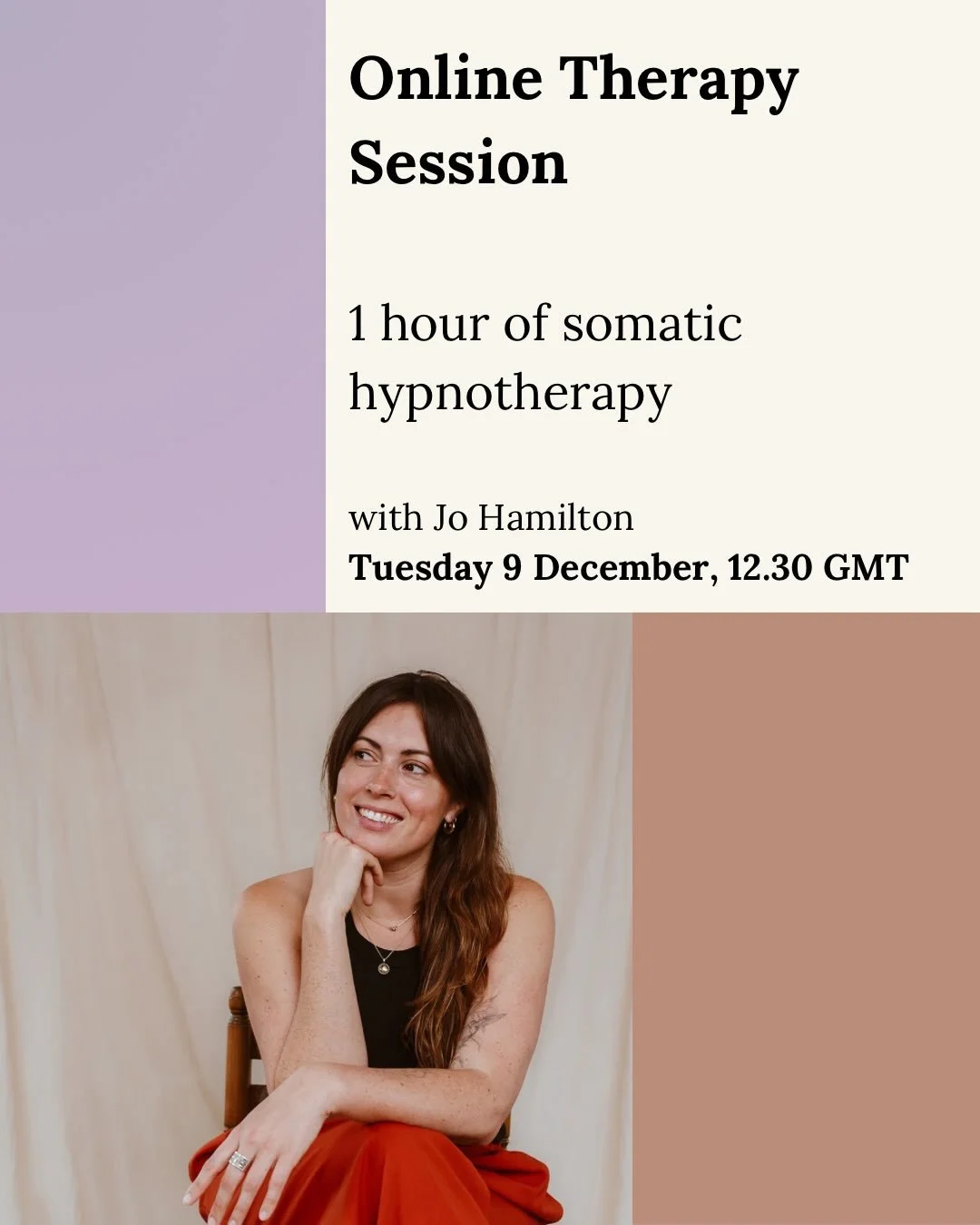 Has everything felt a bit heavy lately? Are you overdue an actual pause?

Here&rsquo;s your invitation - give yourself an hour to land with me next week.

I&rsquo;m running a group somatic hypnotherapy session on Tuesday 9 December, 12:30-13:30 GMT a