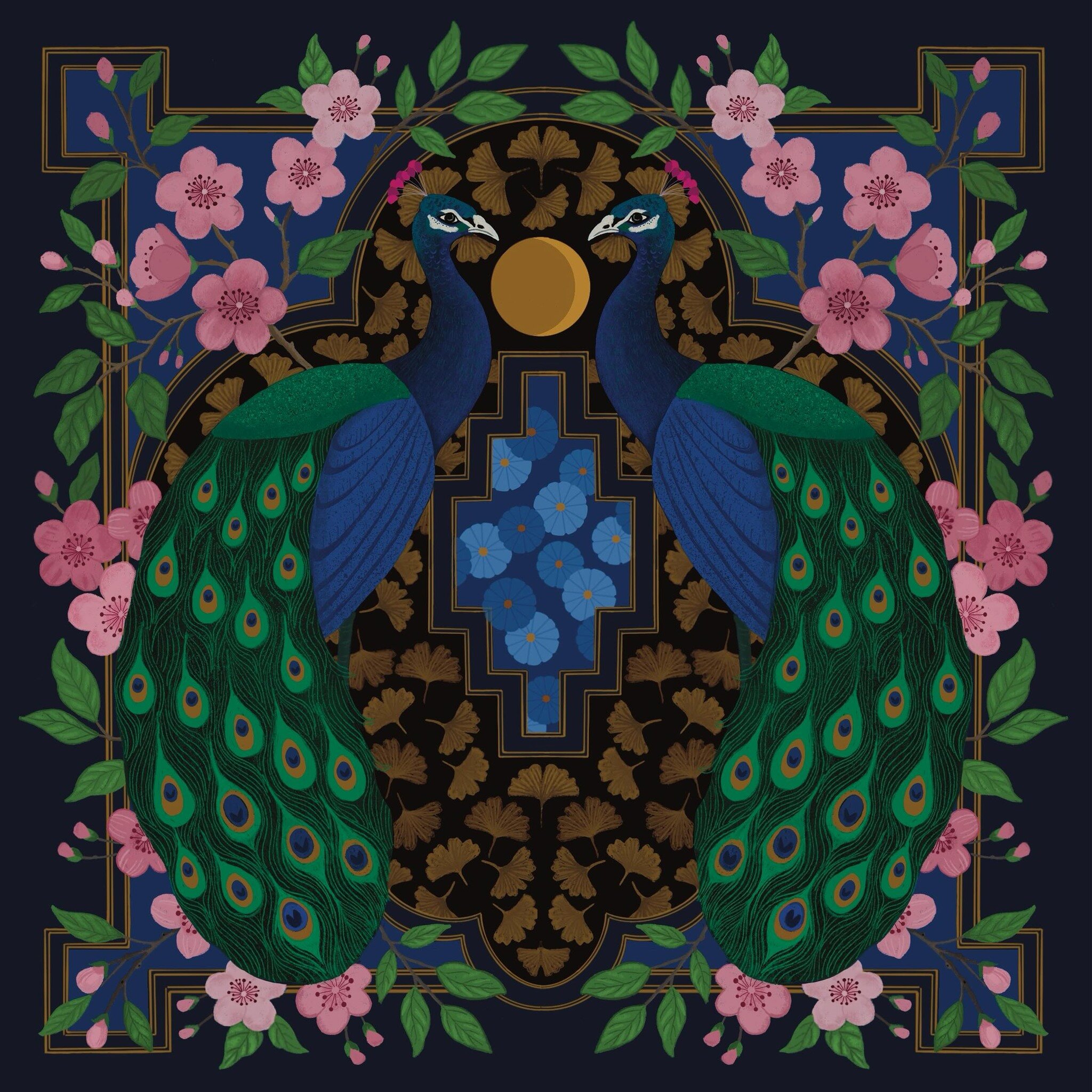 ⛩️ Tokyo Story - this weeks art prompt for #jehanesgoldenthread is Kujaku or Peacock. 

Taking inspiration from decorative ceramics, this piece includes a moon, blossom and ginko leaves which were all previous prompts but I didn&rsquo;t get the time 