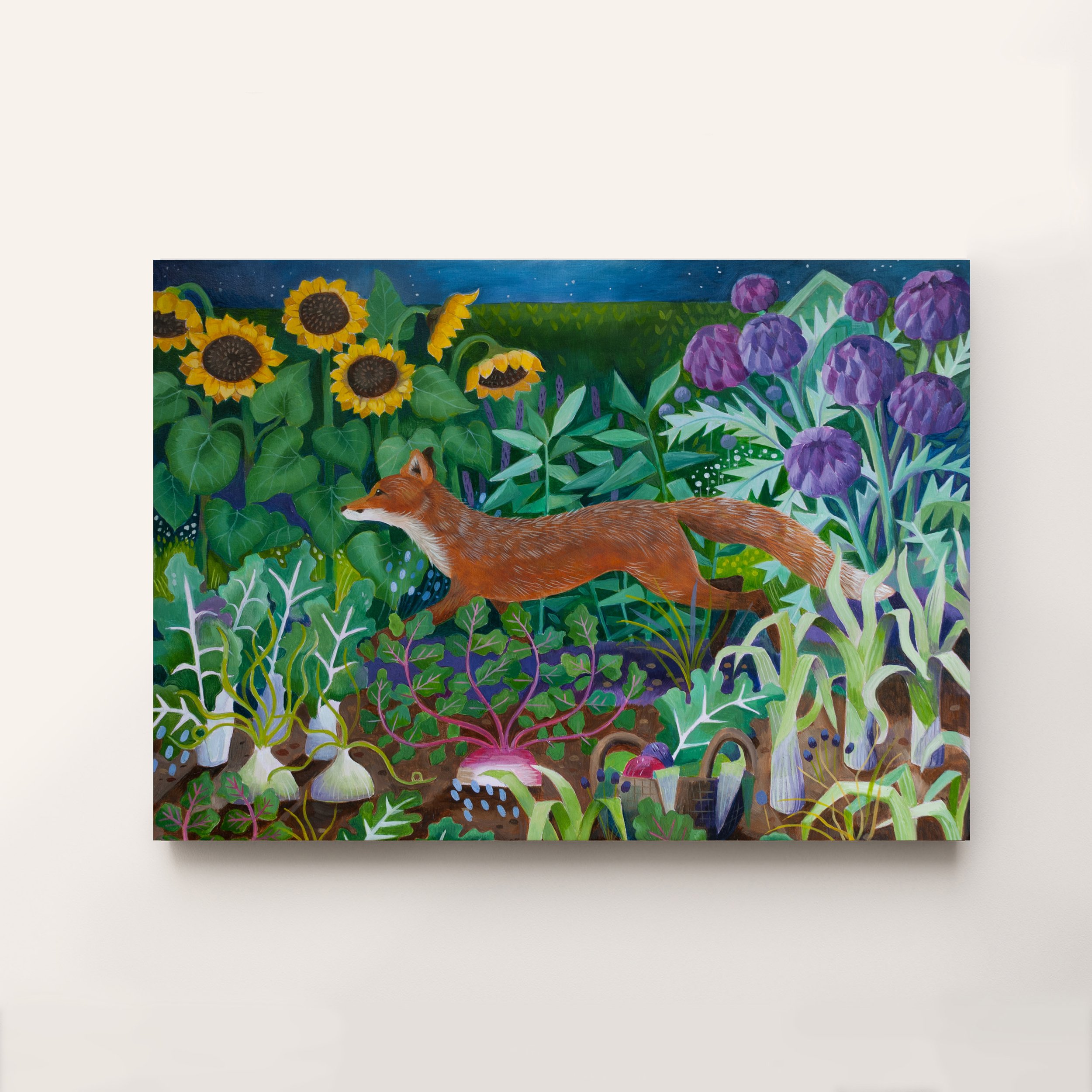 oil painting of a fox running through rows of vegetables in a moonlit garden, by Bex Parkin