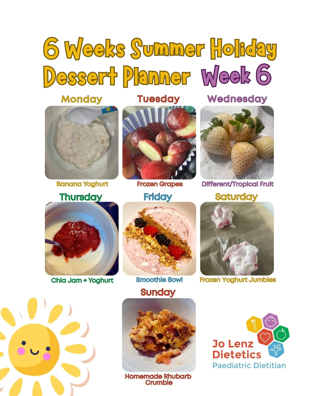 ☀️Week 6 summer holiday dessert ideas - final one!☀️

📌Hope these weekly posts have been useful, given you a few ideas and are something you can refer back to 😊

🍎Adapt any of the ideas with seasonal fruits and I have the full planner on my websit