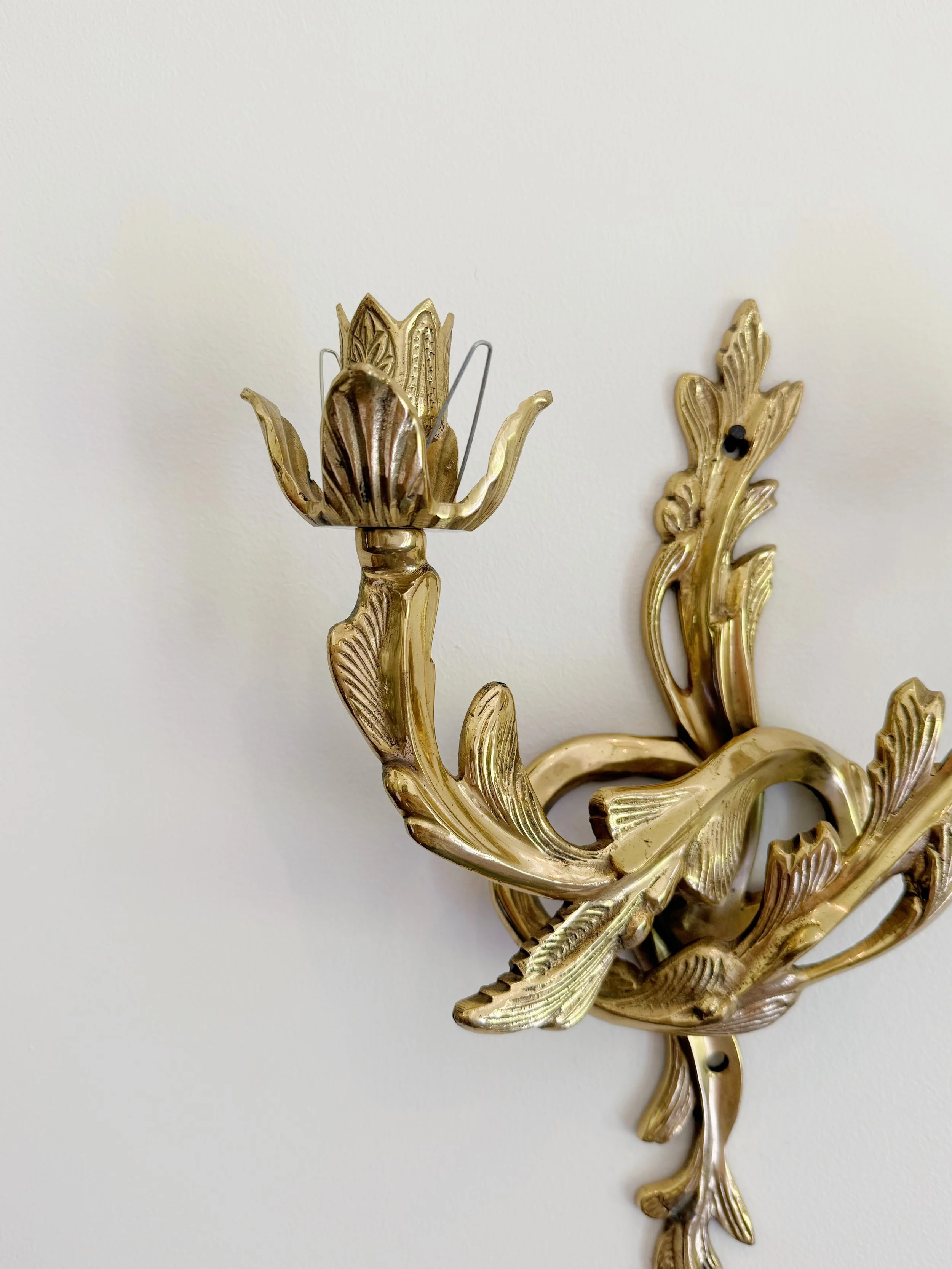 Pair of Vintage Brass Floral Wall Sconces | Botanical Double Candle Holders