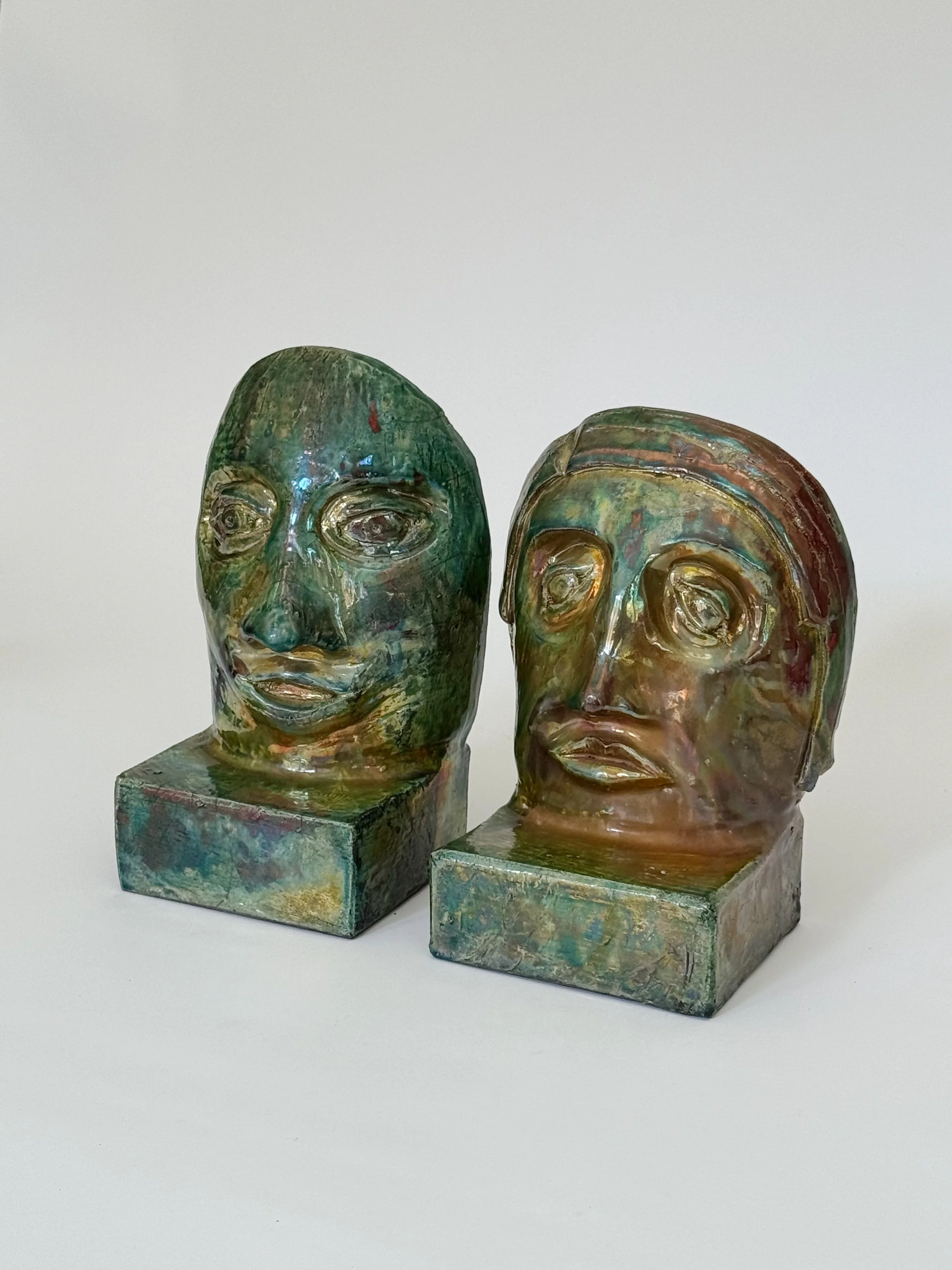 Vintage Studio Pottery Face Bookends | Figurative Ceramic Sculptures | Set of 2