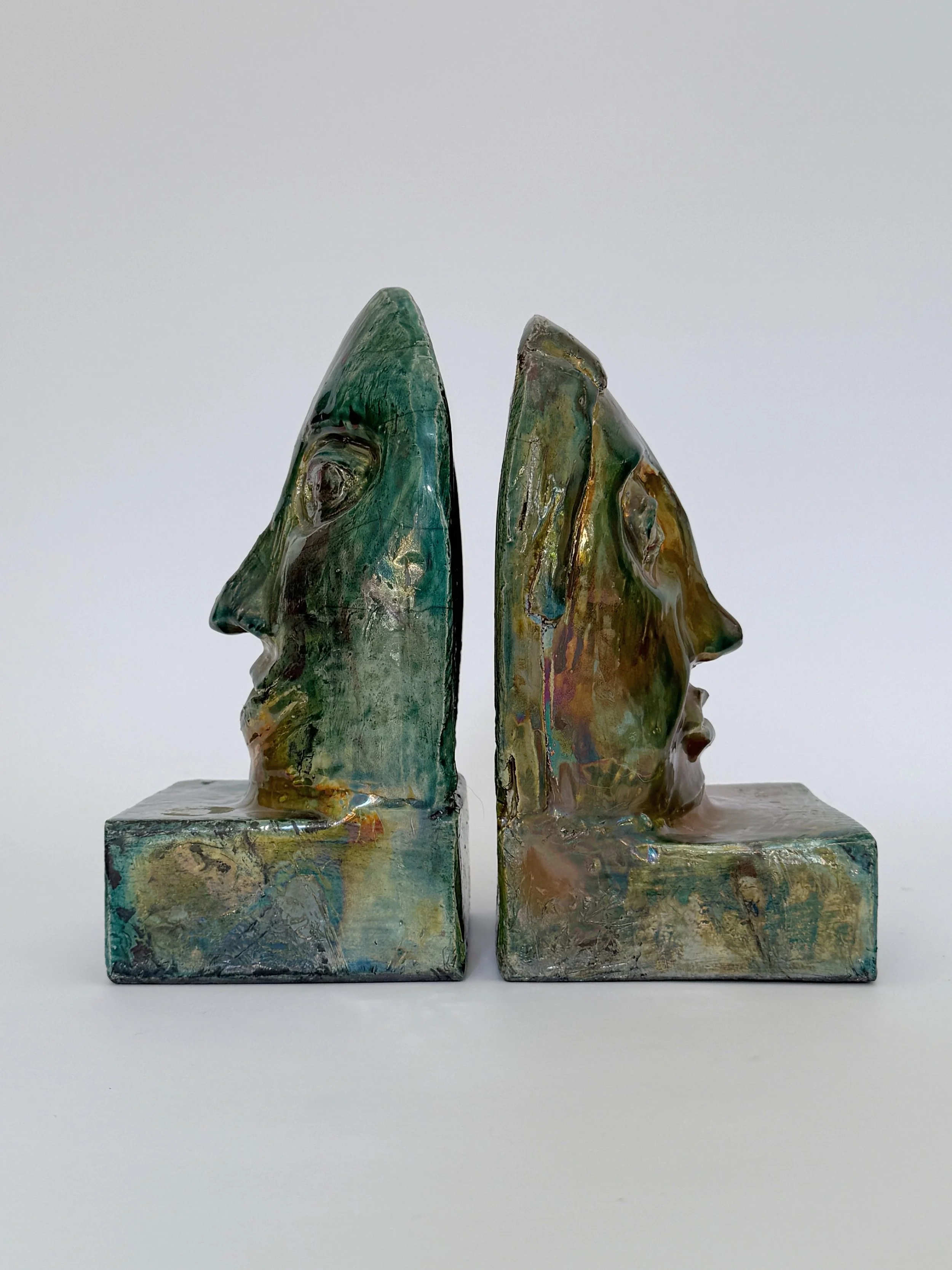 Vintage Studio Pottery Face Bookends | Figurative Ceramic Sculptures | Set of 2