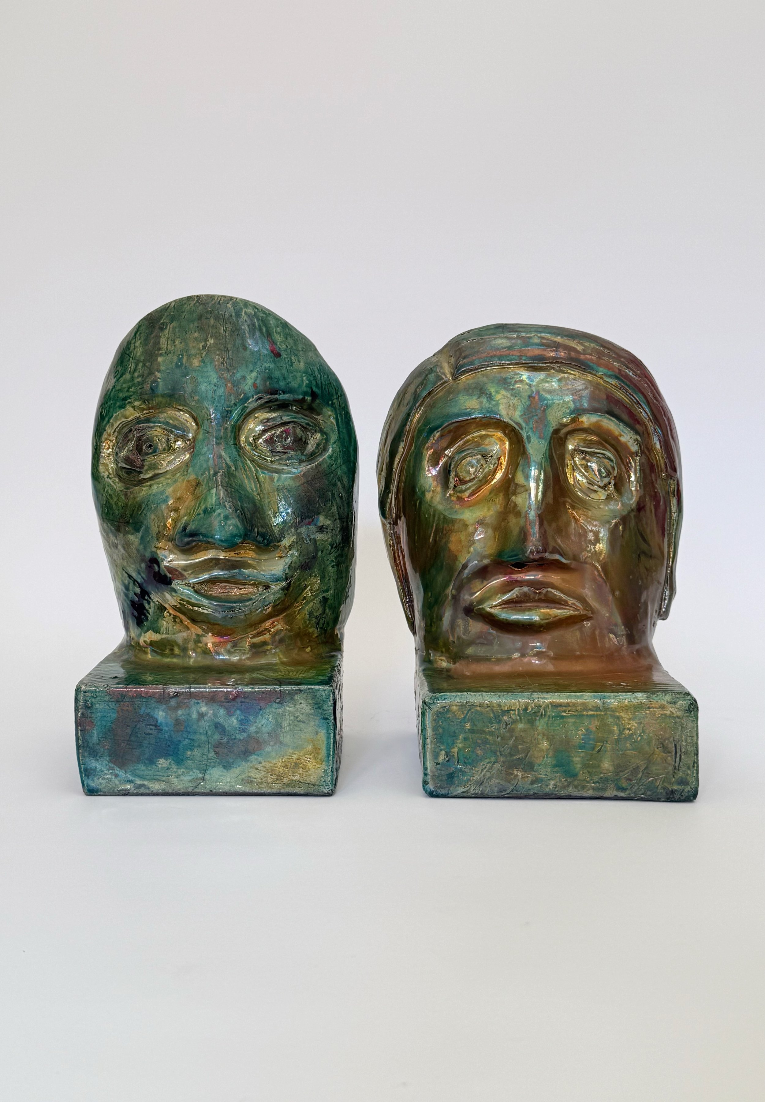Vintage Studio Pottery Face Bookends | Figurative Ceramic Sculptures | Set of 2