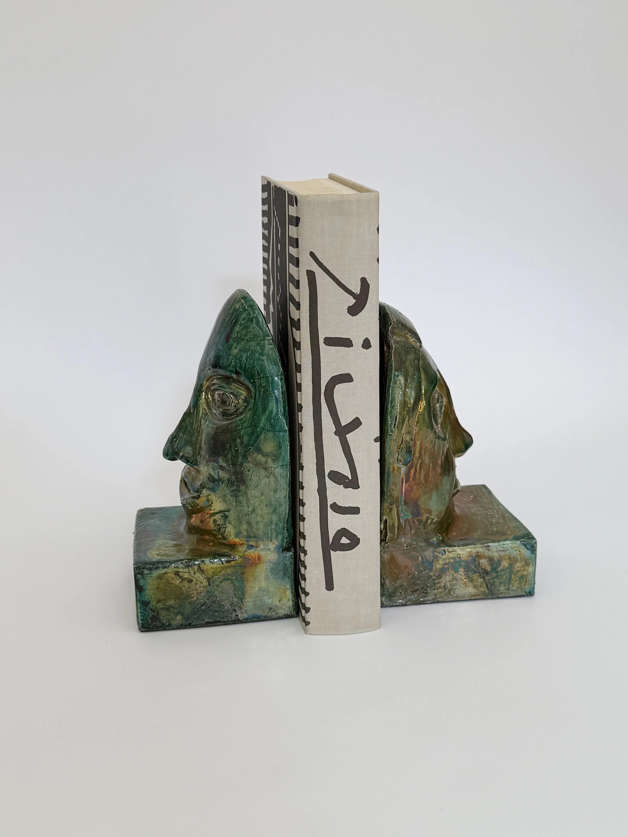 Vintage Studio Pottery Face Bookends | Figurative Ceramic Sculptures | Set of 2