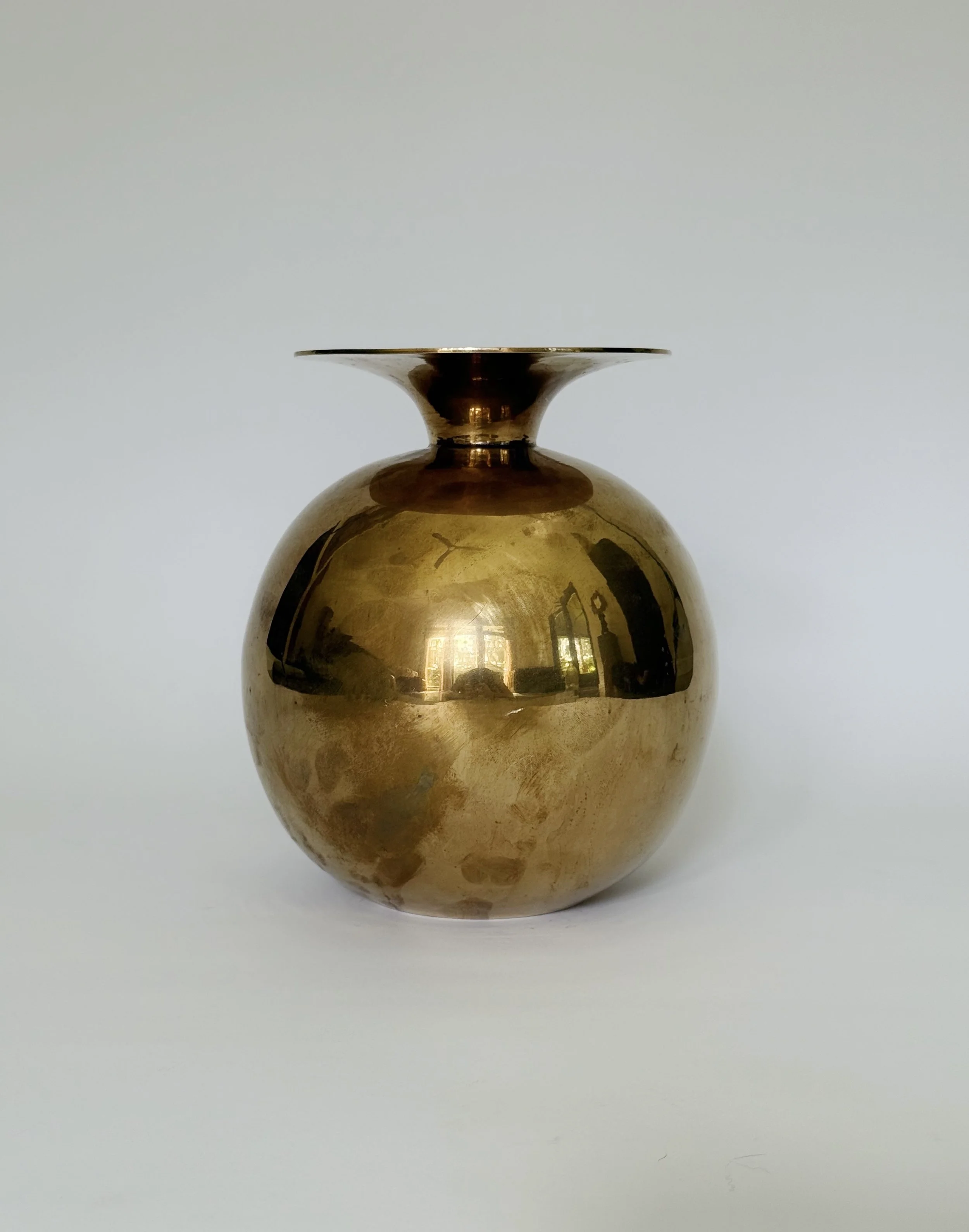 Vintage Brass Spiral Vase | Sculptural Round Brass Vessel | Modernist Decor