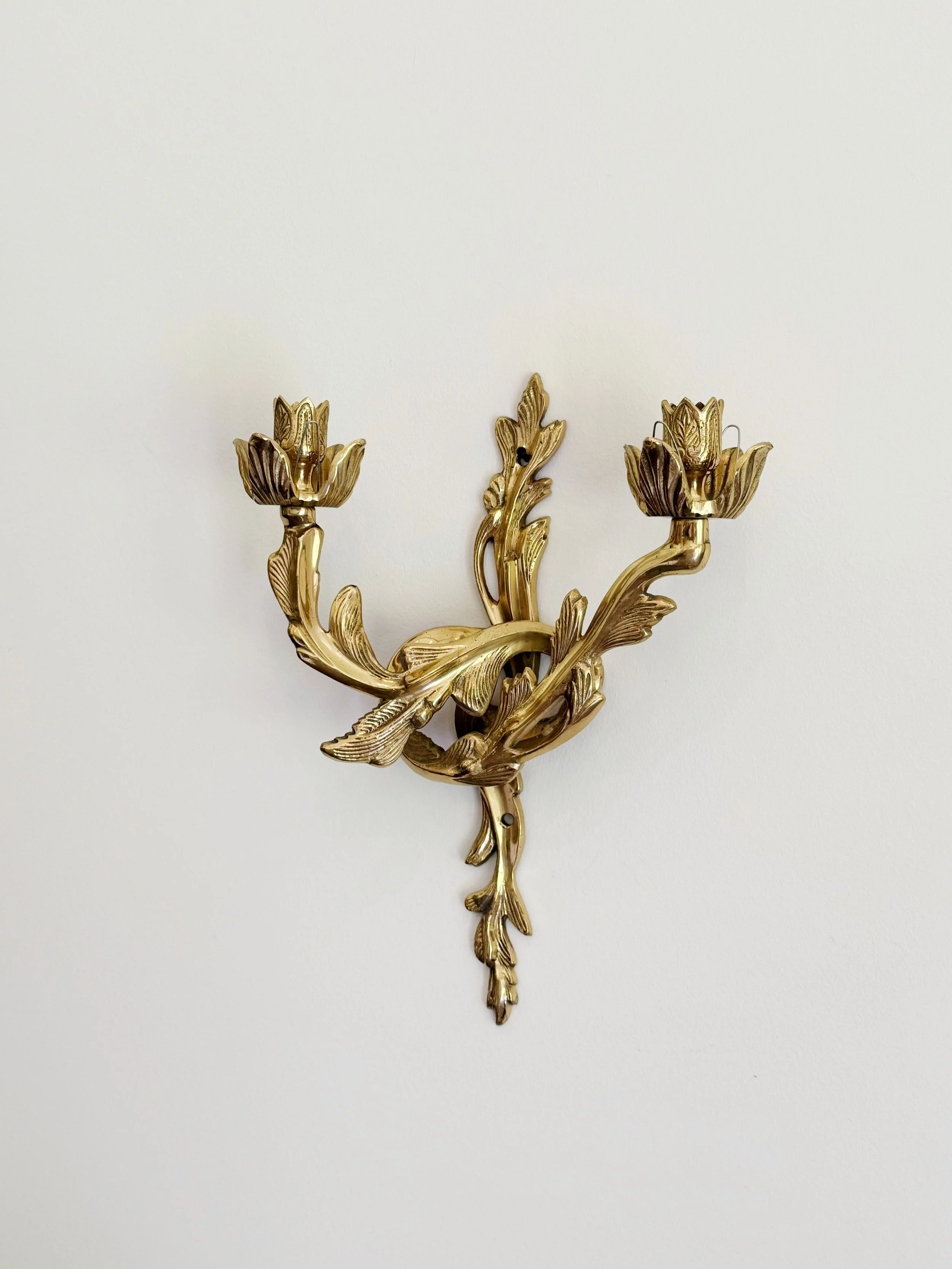 Pair of Vintage Brass Floral Wall Sconces | Botanical Double Candle Holders