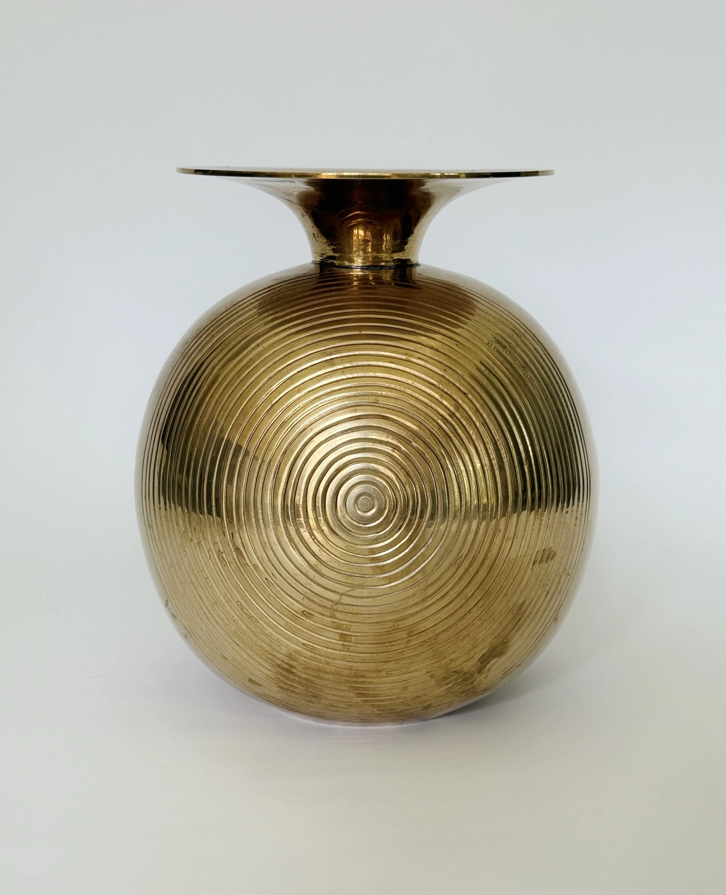 Vintage Brass Spiral Vase | Sculptural Round Brass Vessel | Modernist Decor