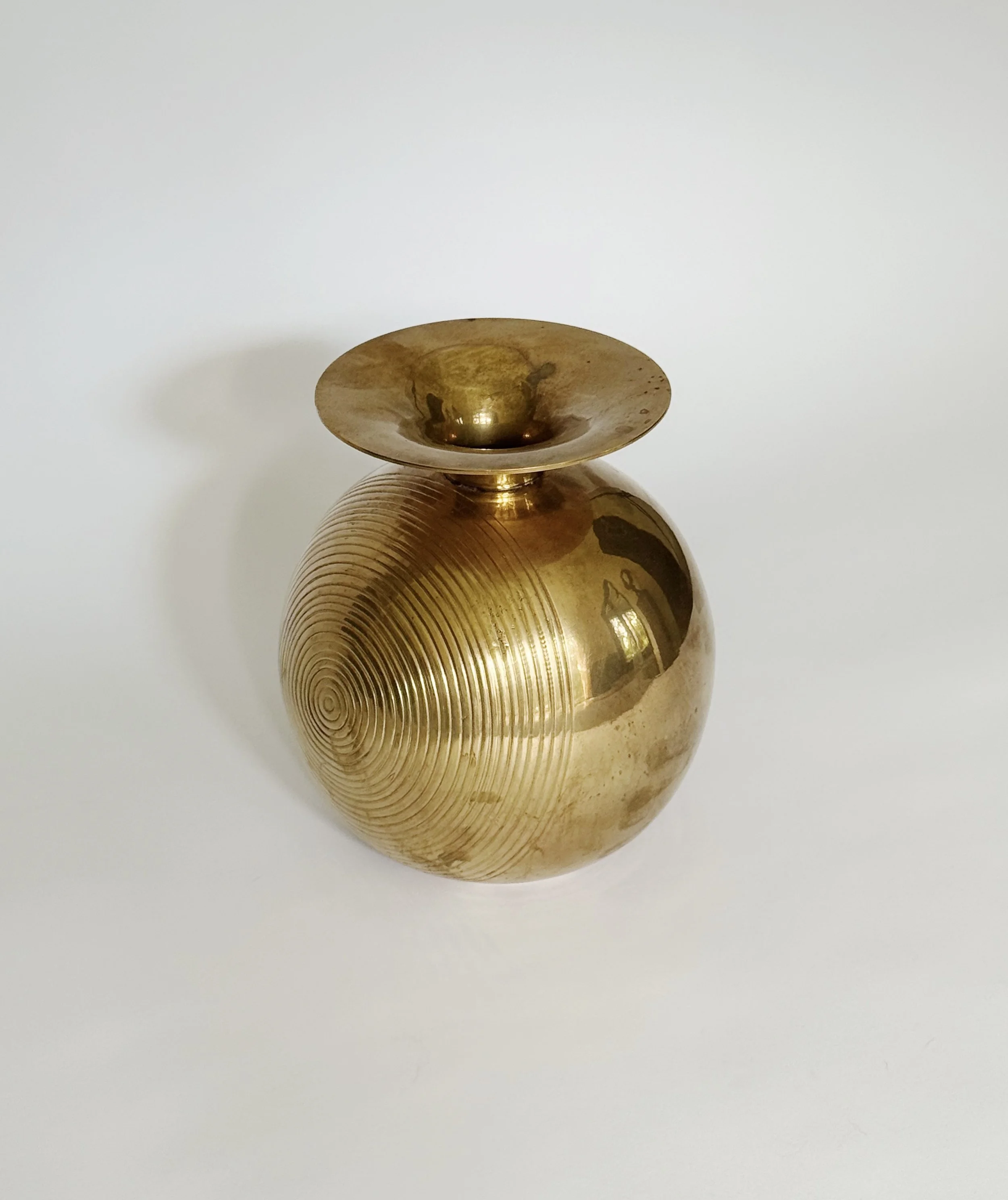 Vintage Brass Spiral Vase | Sculptural Round Brass Vessel | Modernist Decor