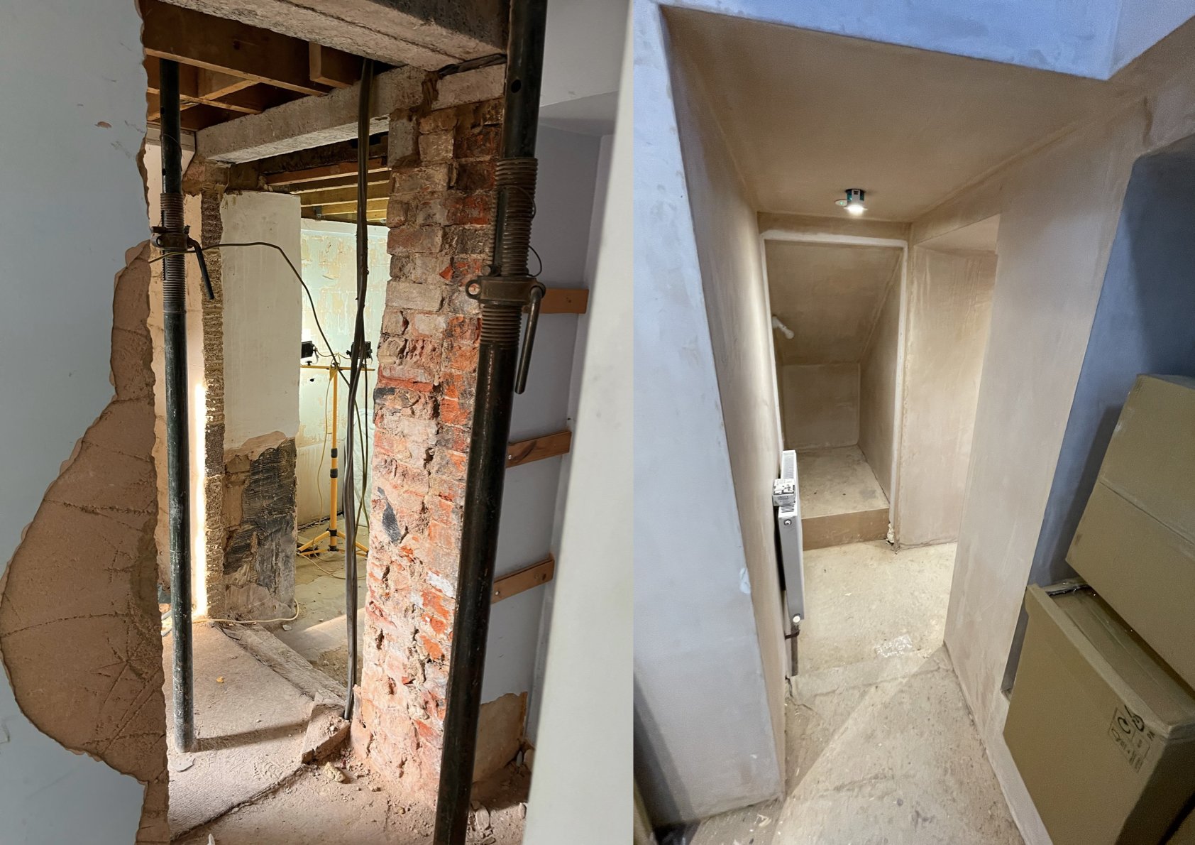 The builders have knocked through to enable access between the front and back halves of the building