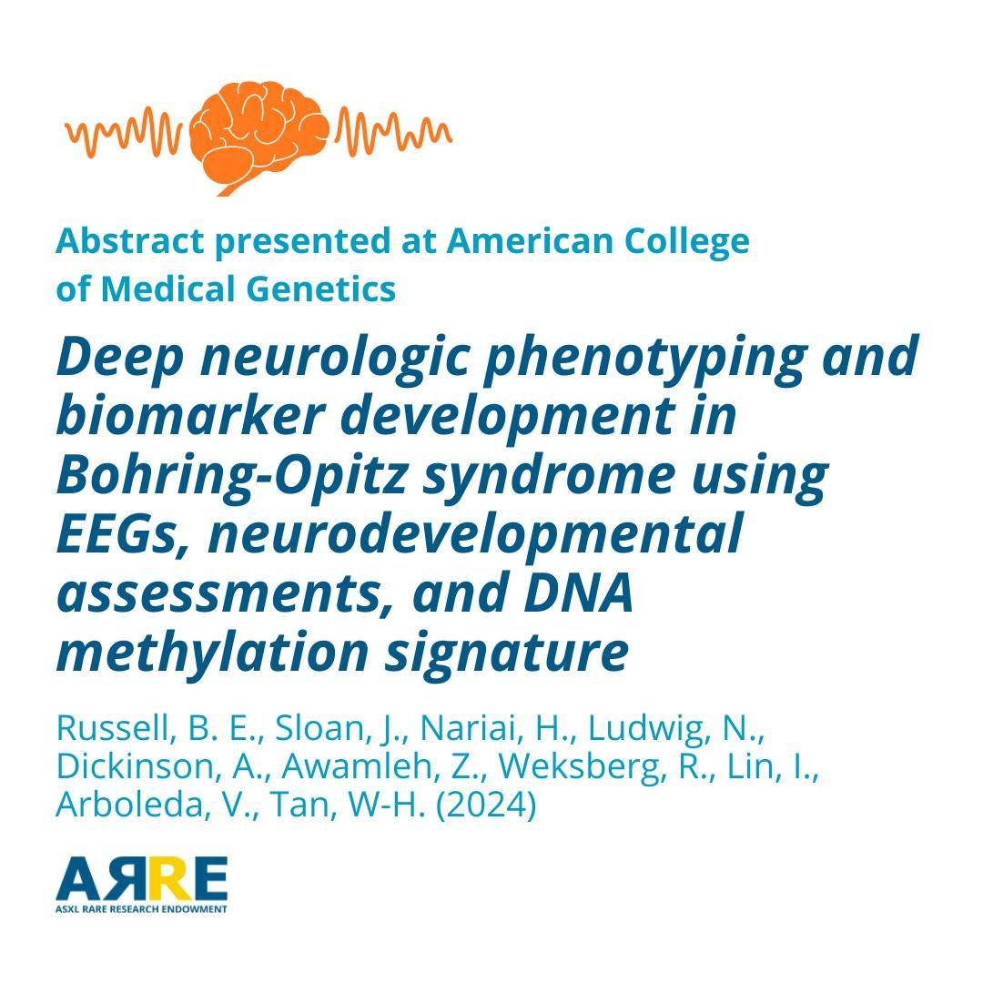 Preliminary findings from the ASXL1/Bohring-Opitz Syndrome EEG biomarker study were presented by Dr. Bianca Russell and colleagues in a poster titled, &ldquo;Deep neurologic phenotyping and biomarker development in Bohring-Opitz syndrome using EEGs, 