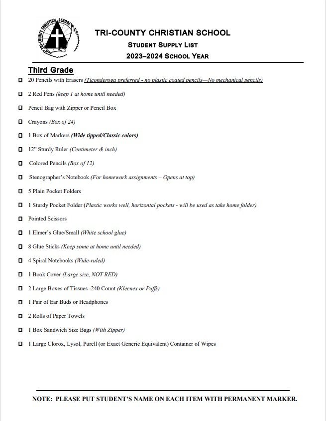 St. Therese Academy 2023-2024 School Supply Lists (Preschool through 8th  Grade)