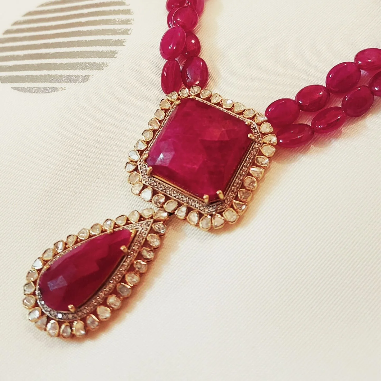 With the Wedding Season around the corner, an exclusive client requested a Ruby Polki necklace. Presenting this traditional Indian design made using modern technology. 
18k Gold
Polki (Flat Diamonds)
Mozambique Ruby Faceted
Ruby Cabochon 
And loads o