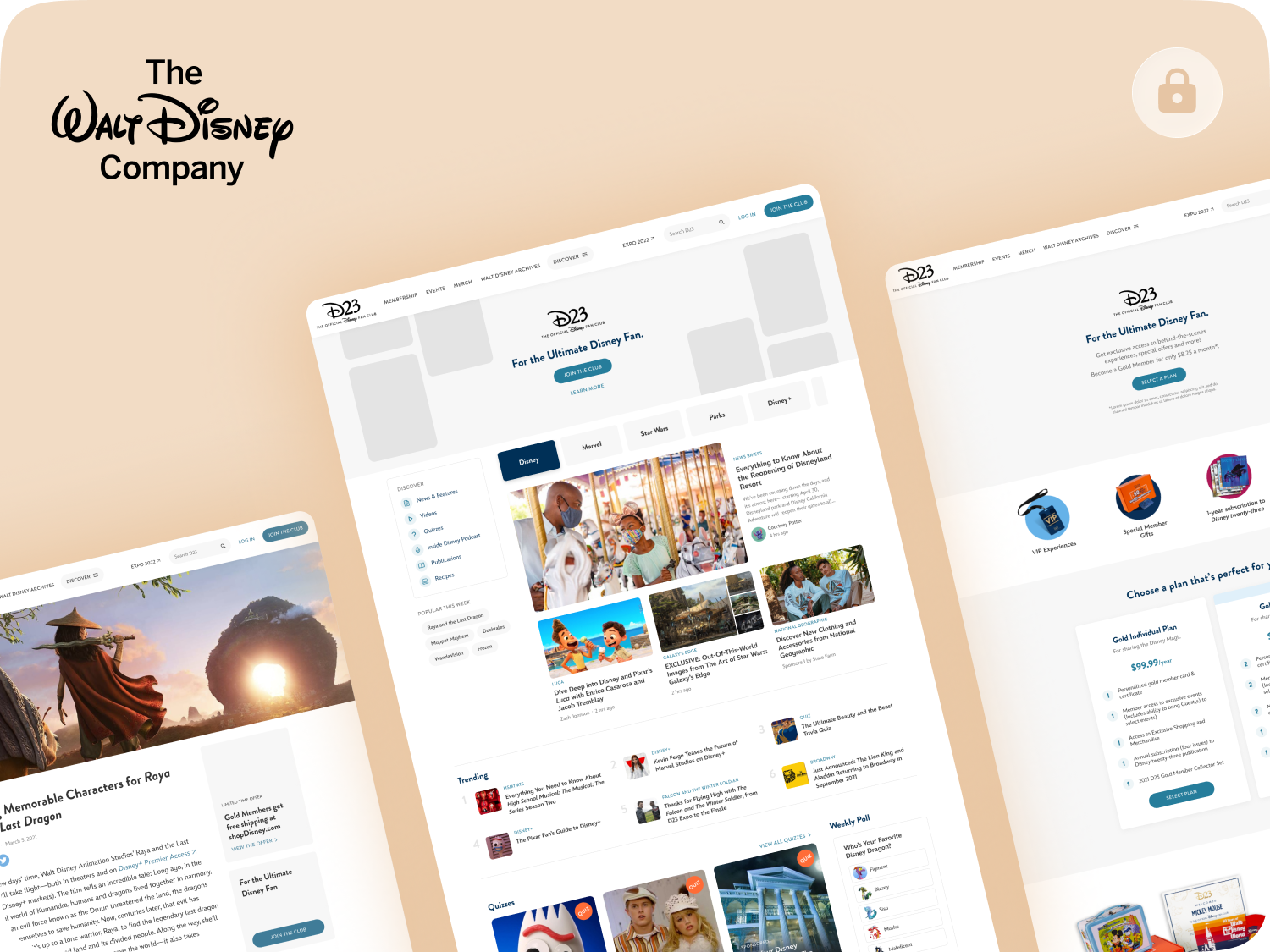 Screenshots of Disney website pages featuring news, features, quizzes, and membership options