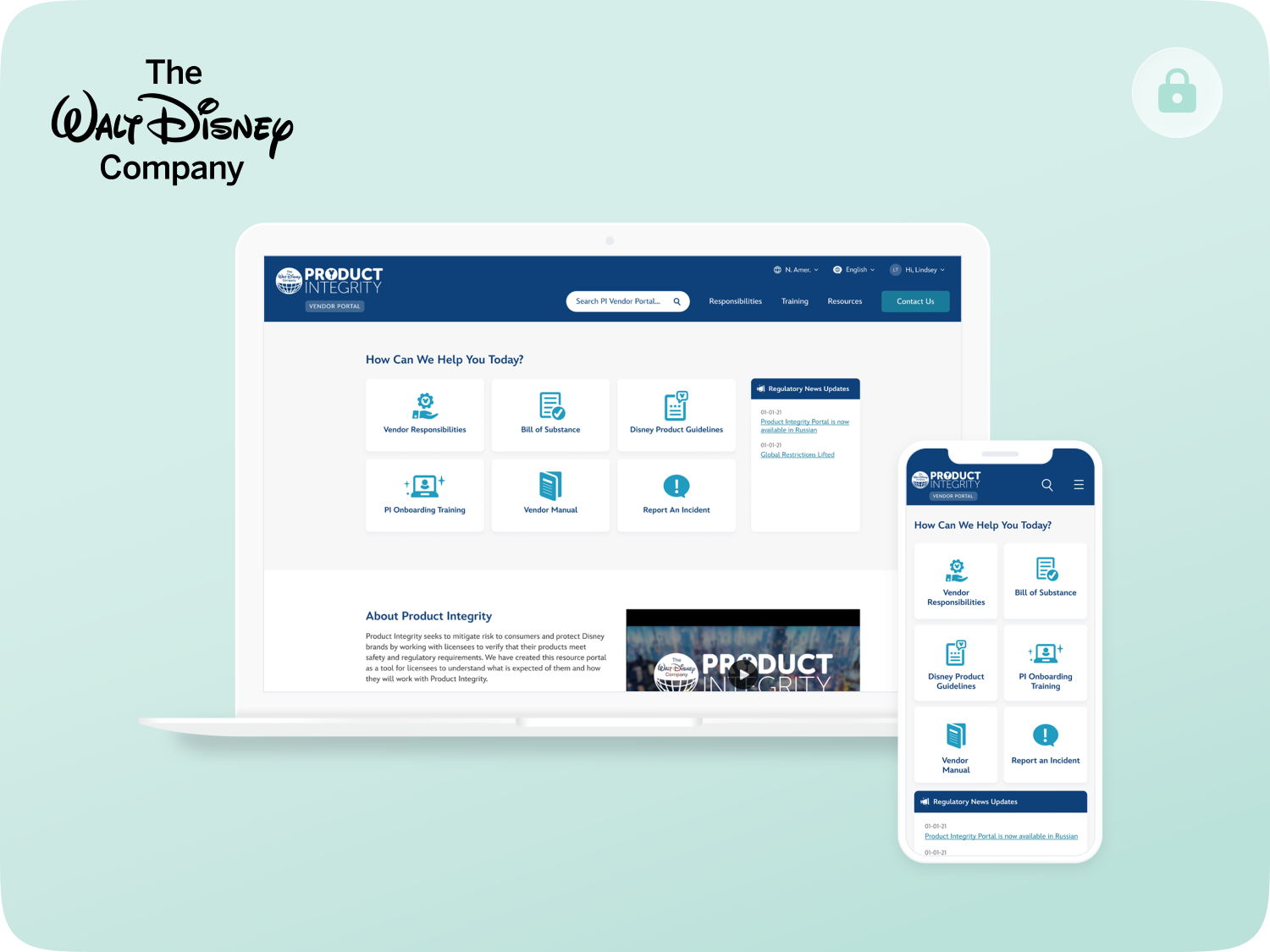 Screenshot of Walt Disney Company internal product management portal, displayed on a computer and a smartphone.