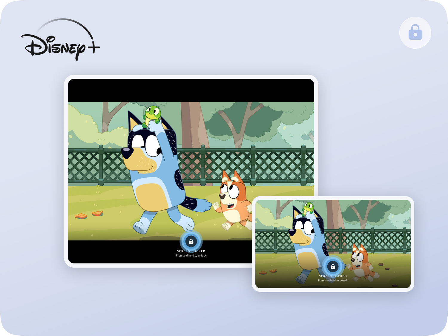 Animated scene from Disney+ featuring a blue dog and a brown and white dog in a park, with a green caterpillar on the blue dog's head, and a green caterpillar sitting on the blue dog's forehead. The scene is on a tablet and a phone screen with a lock icon and text indicating the screen is locked.