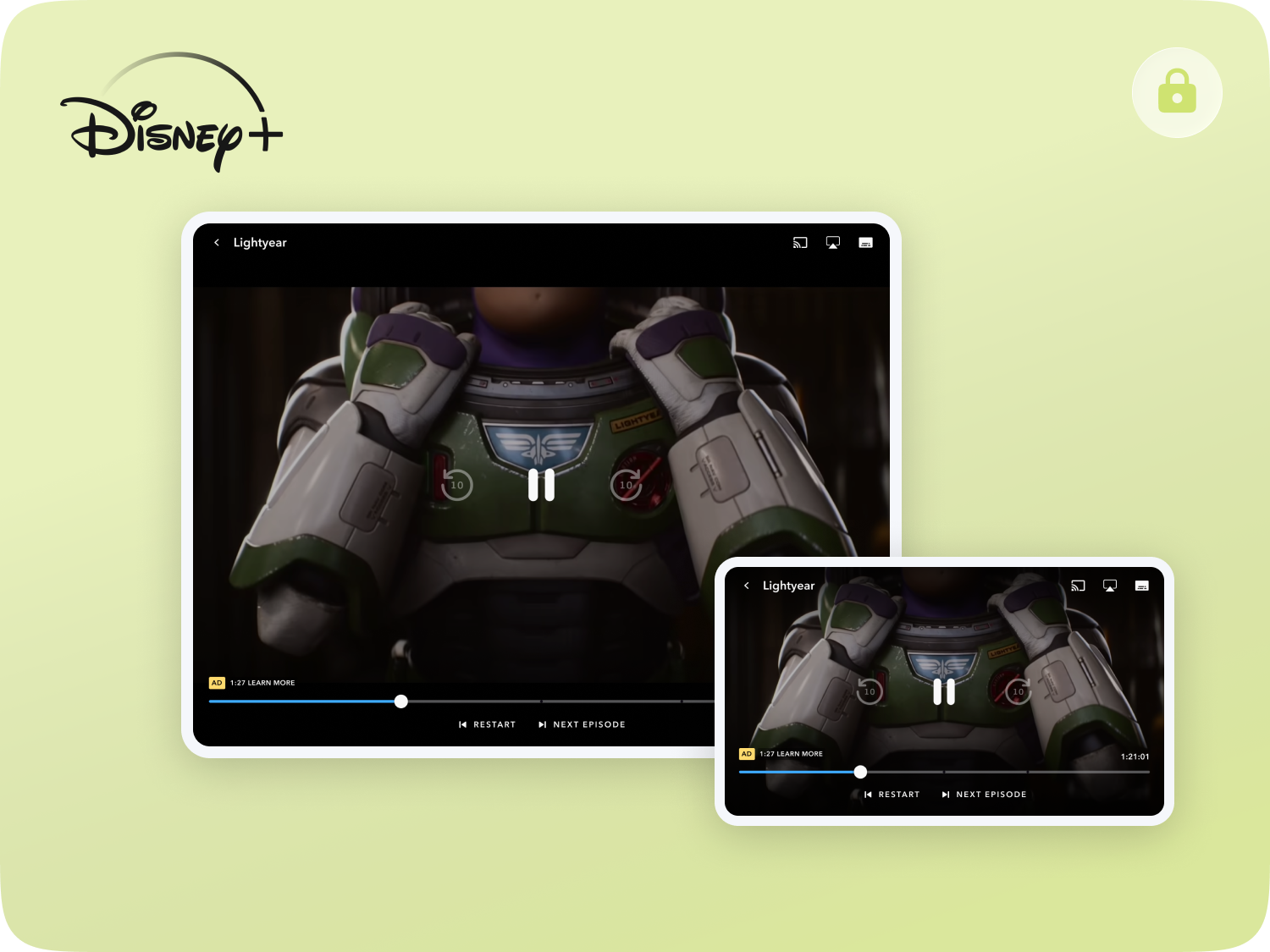 Screenshot of Disney+ streaming app displaying a Toy Story Buzz Lightyear toy with space suit details in a paused video, shown on two devices with a green background.