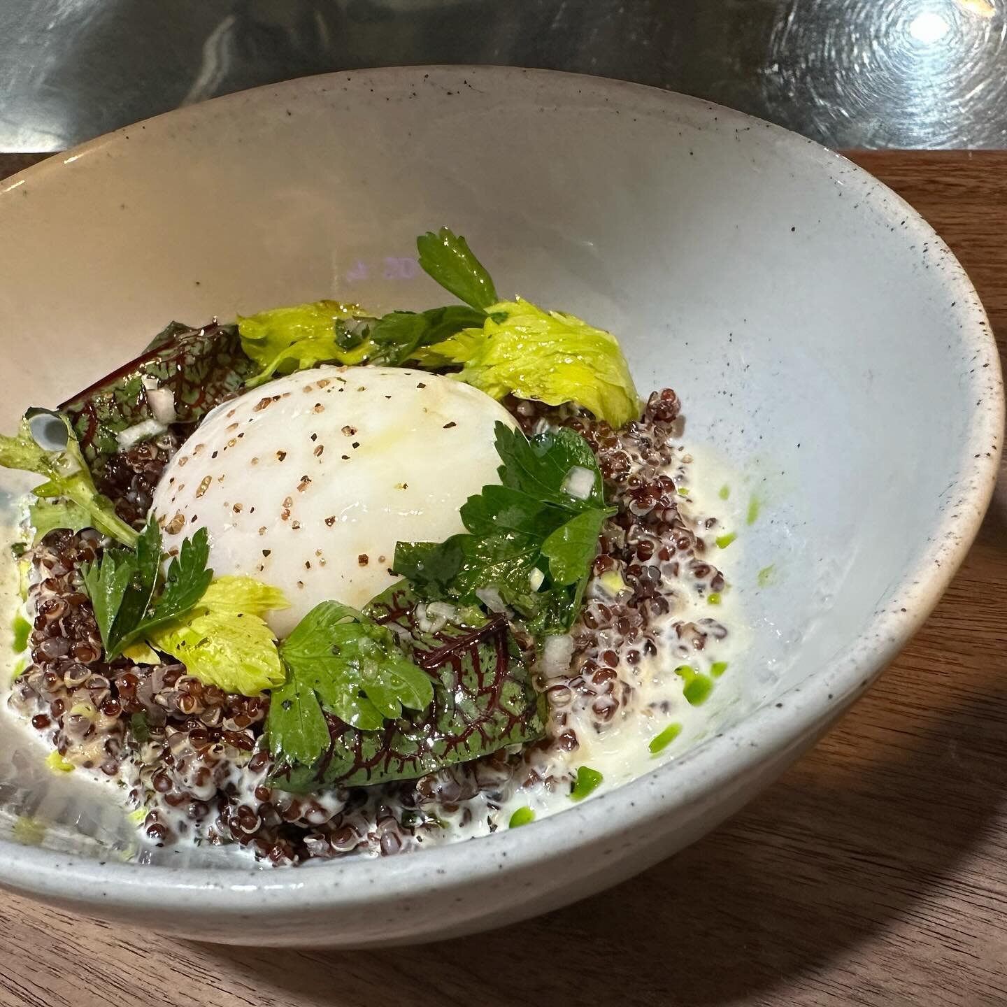 New take on a throw back from ten years ago. 65 minute egg with quinoa and sherry cream.