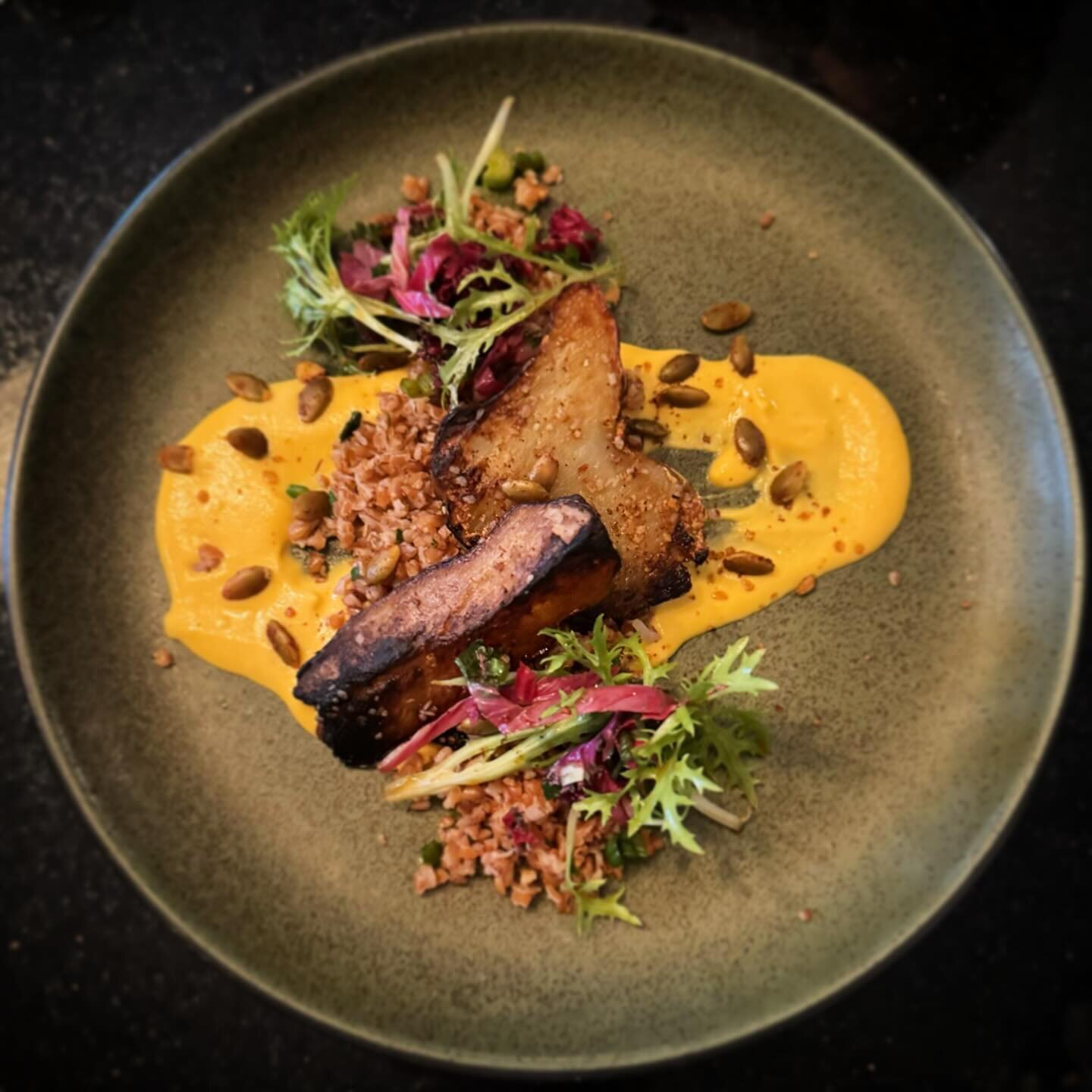 Seared sunchoke | bulgar wheat | carrot hummus | spiced pepitas | ponzu greens