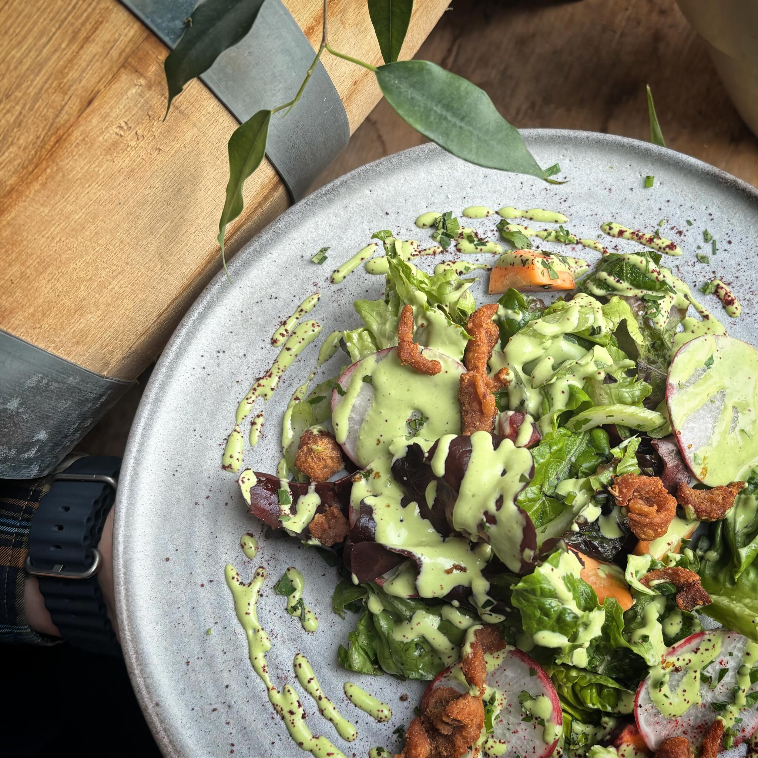 Work in progress!  Holland Farms carrots &amp; radishes | crispy duck skin | mixed greens | herb buttermilk dressing