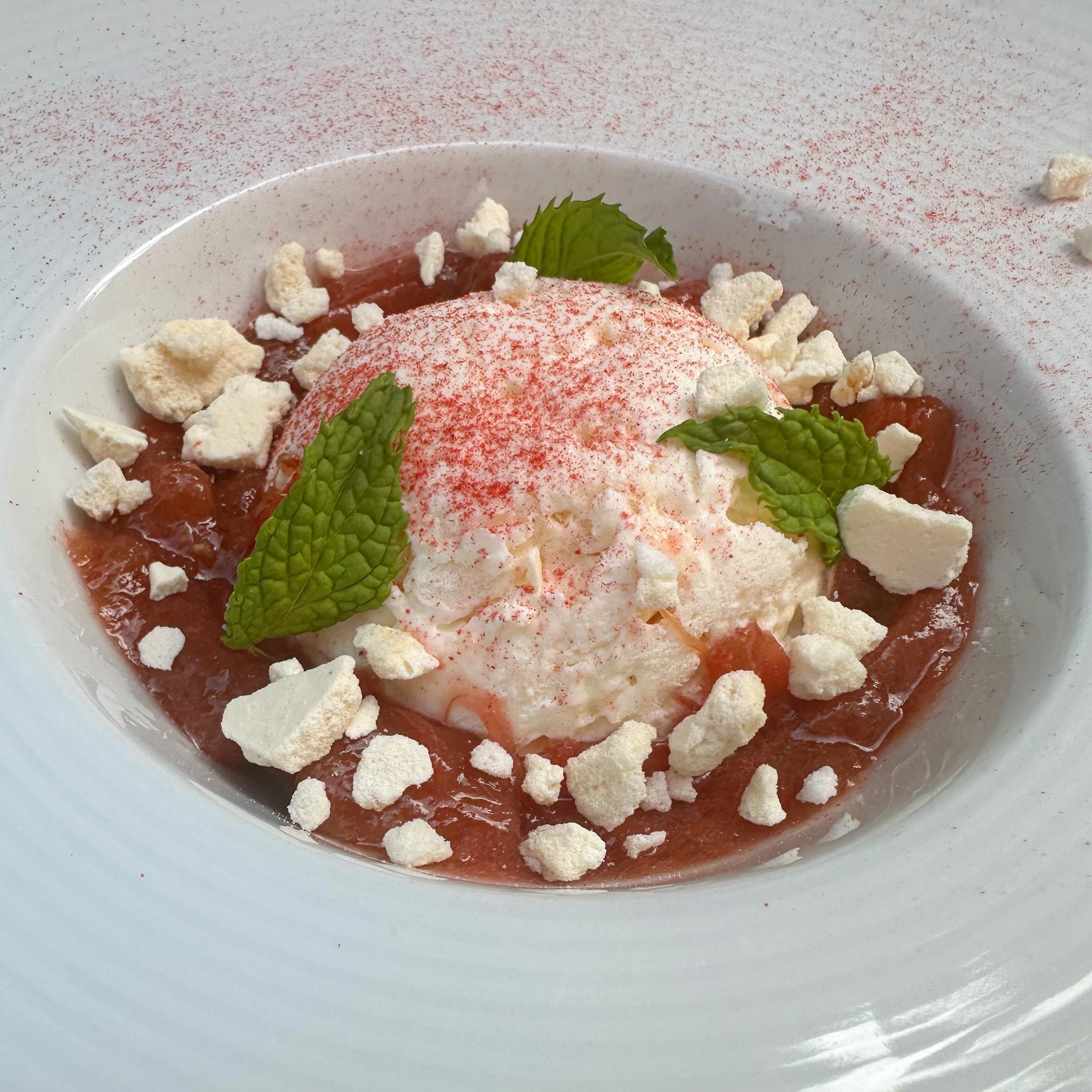 ginger oat streusel | rhubarb compote | baked meringue crumbles | frozen mousse | strawberry dust