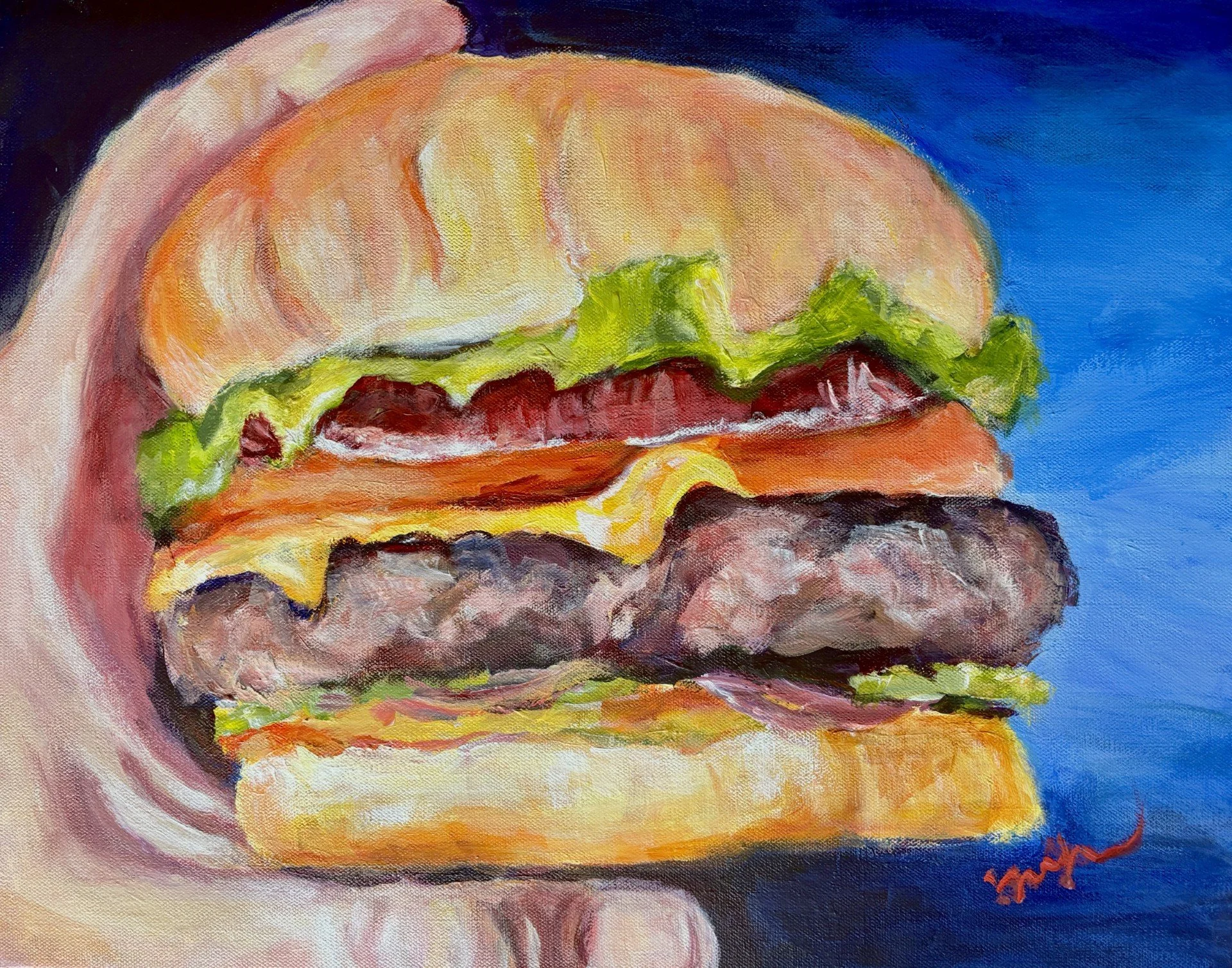 Burger, oil in gold frame (16"x 20")