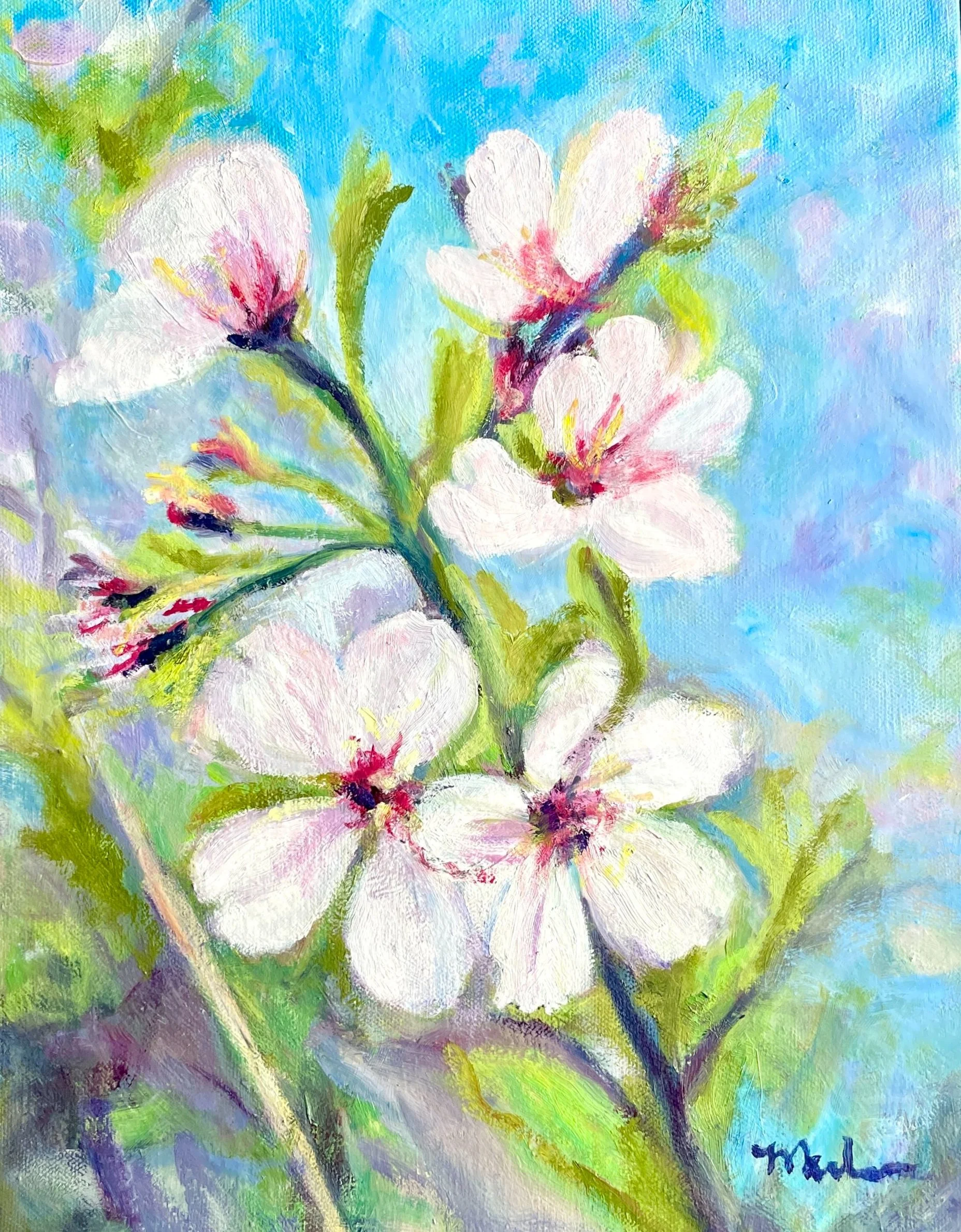 dogwood oil painting pink blue sky paiting for sale