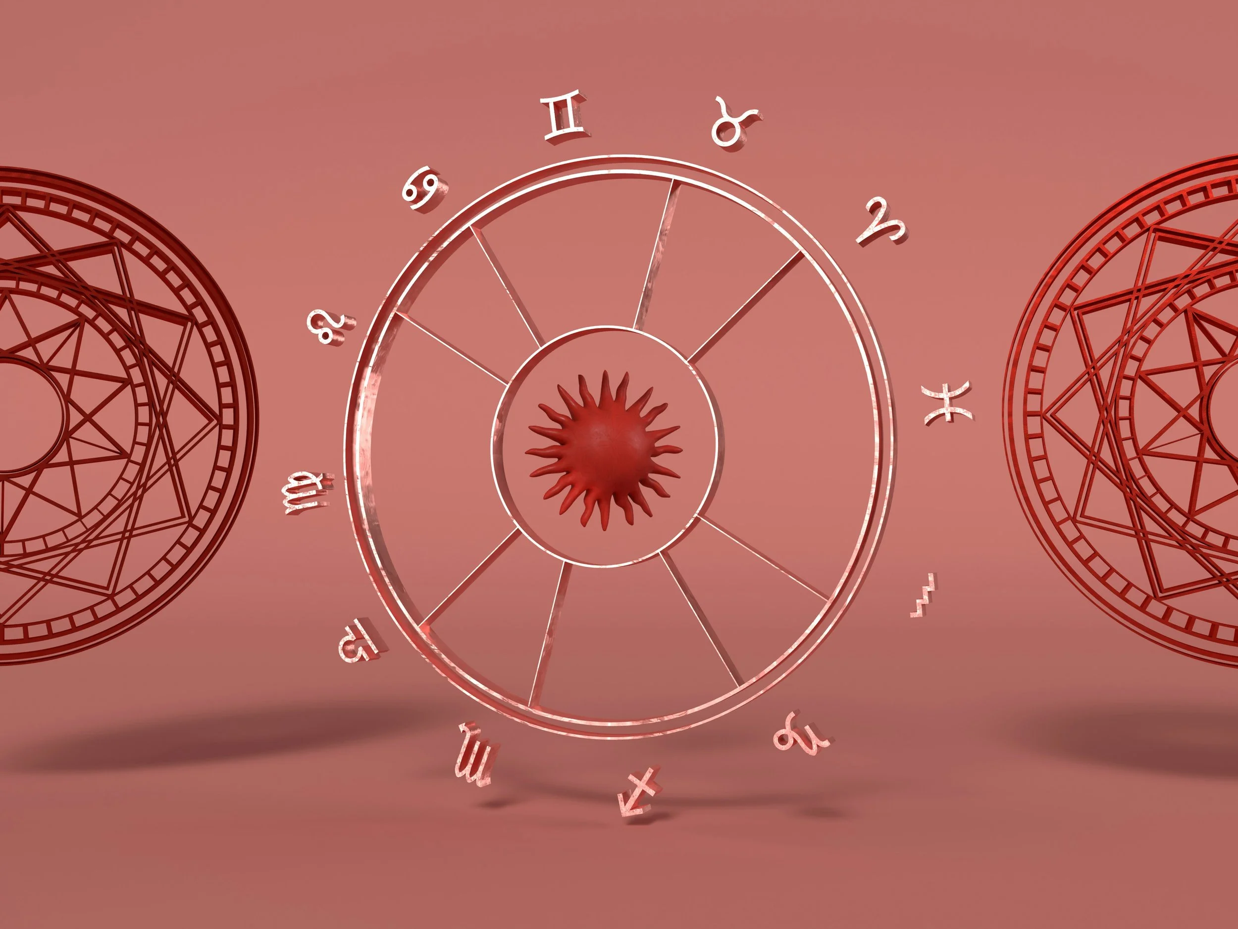 Astrology wheel with zodiac signs around the outside and orange sun in the center against a rose colored background