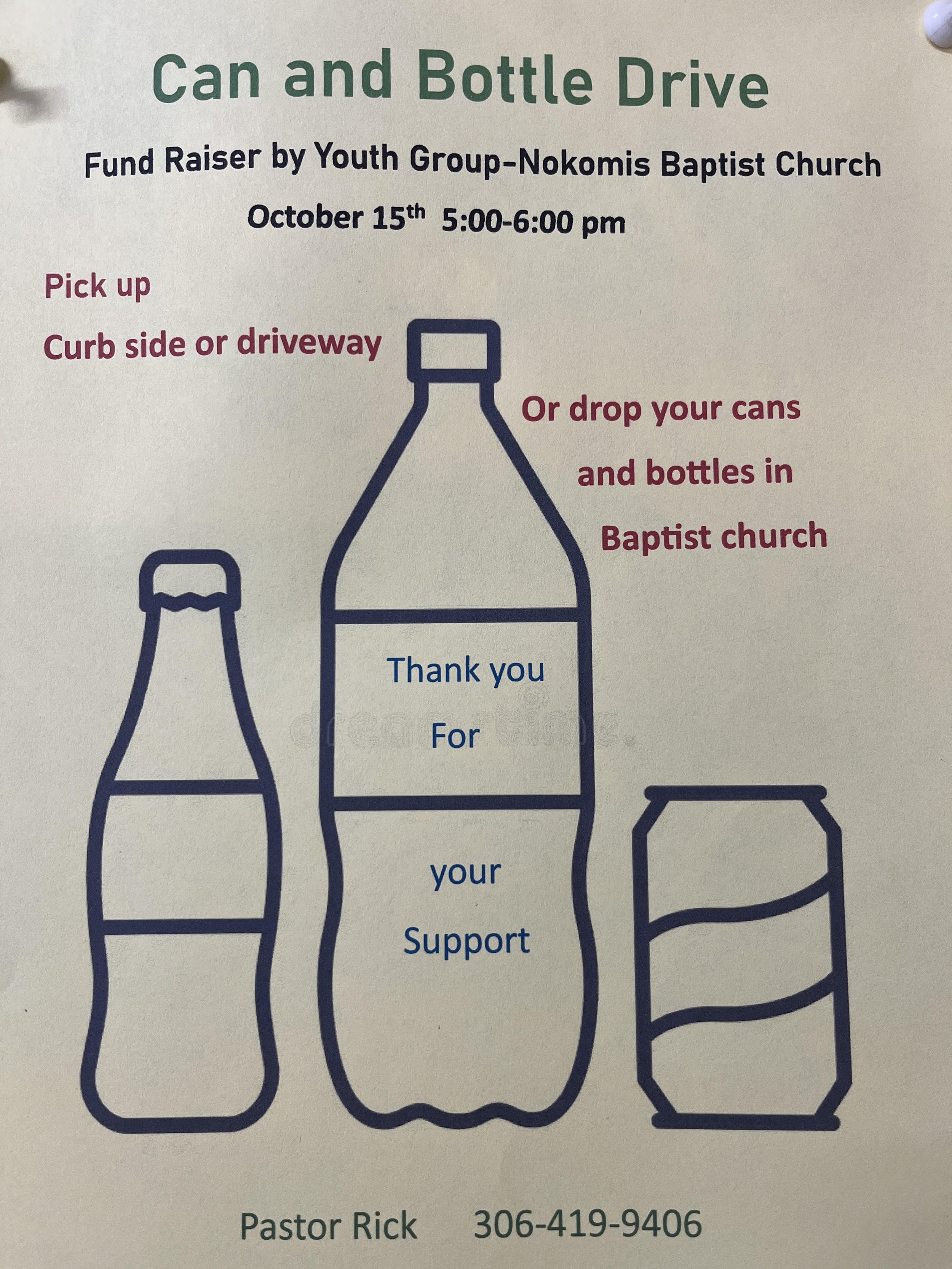 Nokomis Youth Group Bottle Drive!