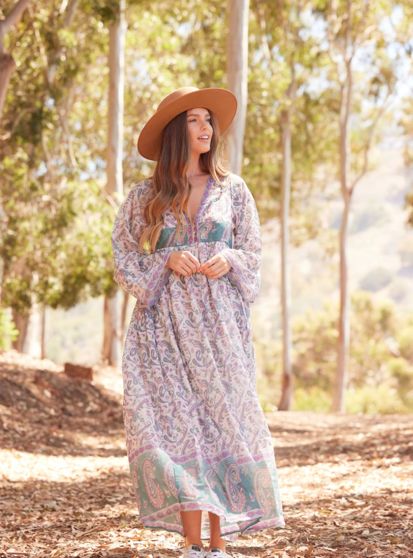 Jade Printed Maxi Dress With Butterfly Sleeves Teal