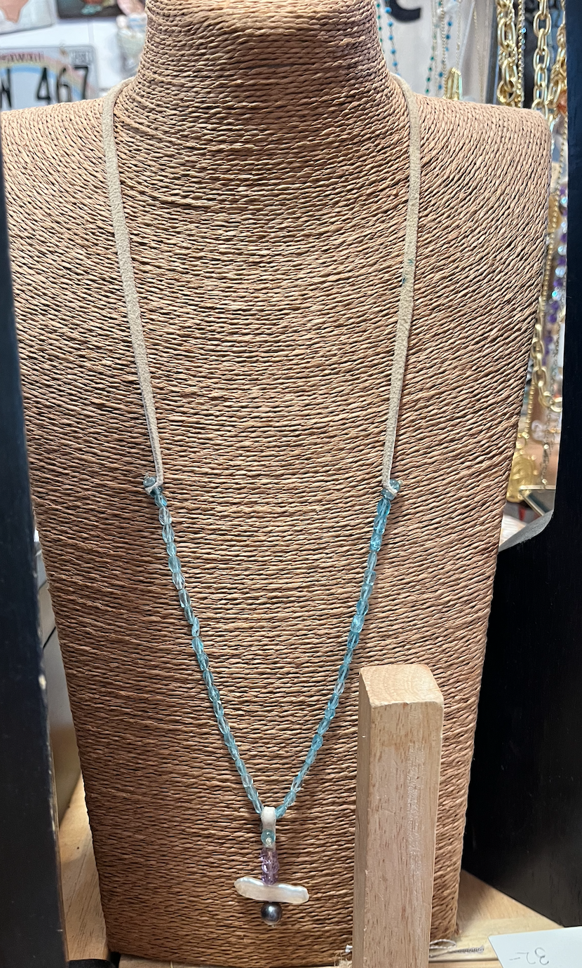 Pearl Amethyst Aquamarine Leather Necklace
