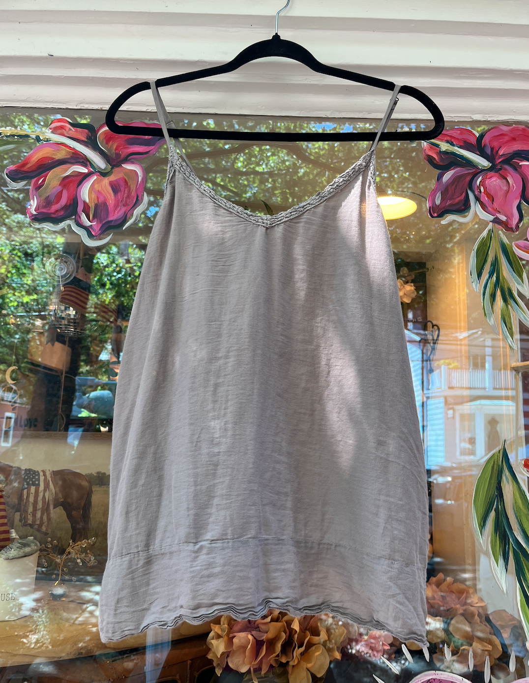 Silk Whisky layering tank with tattered lace trim and adjustable straps, magnolia pearl, Lilac Ash