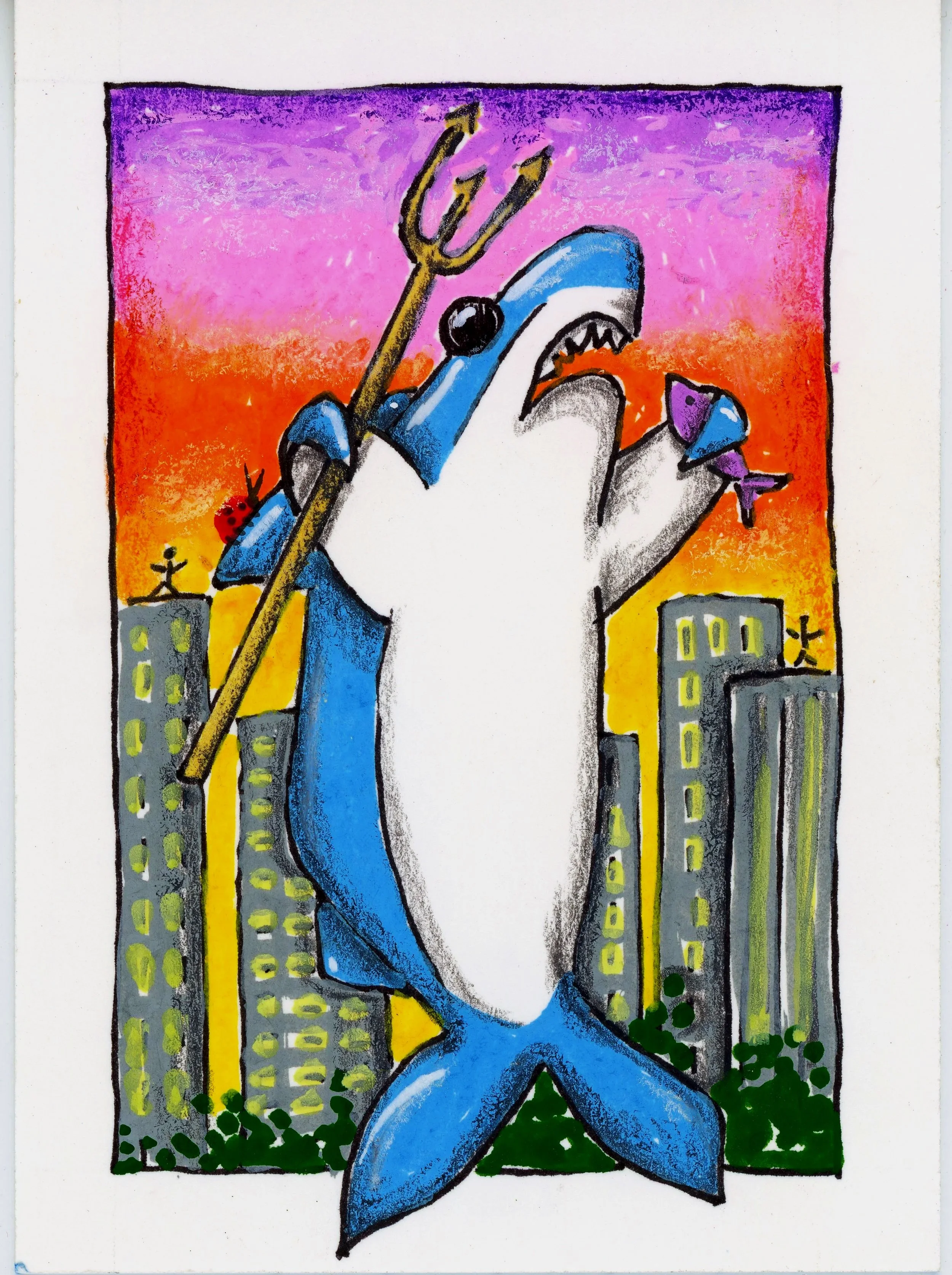 shark stomping though city as sharkzilla! Shark is holding a fish in one fin and a trident in the other fin. Surrounded by tall buildings at sunset