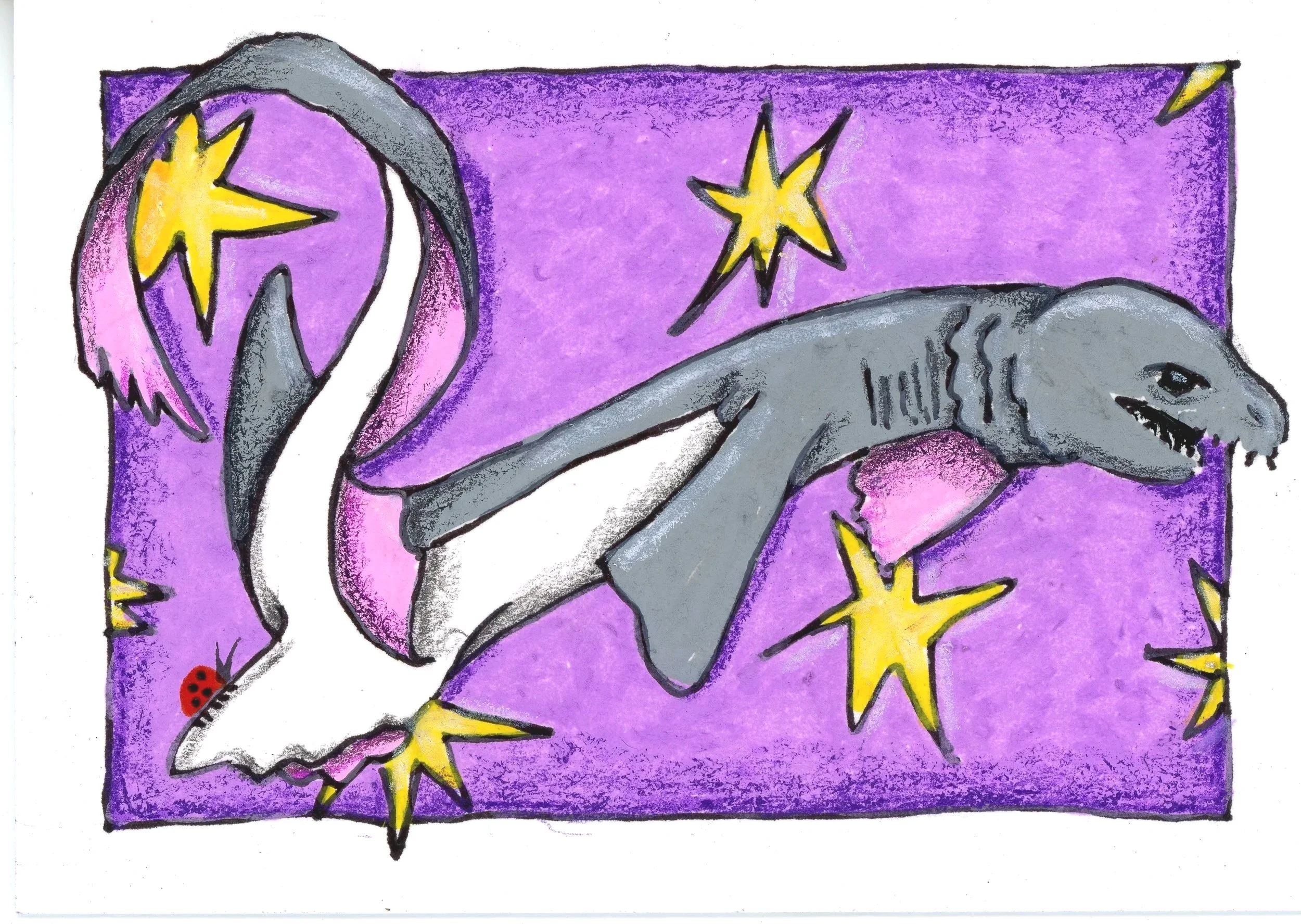 Frilled shark on purple background with yellow stars