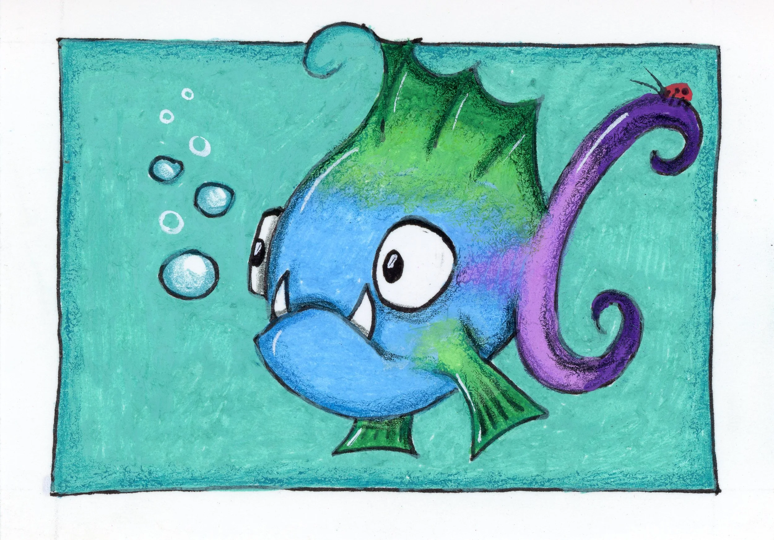 G BIV fish - Green, Blue, Indigo and Voilet colors on turquoise background with bubbles floating up.