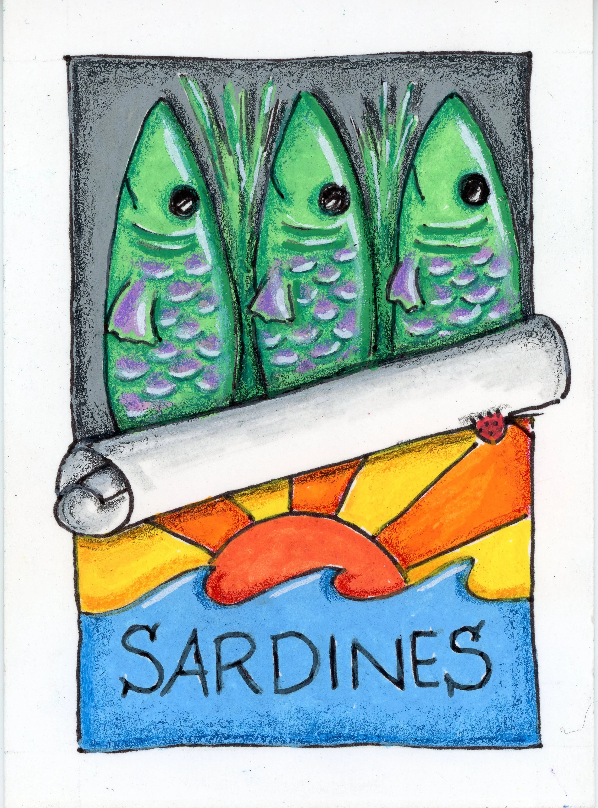 3 Sardines in a sardine tin. Cover is rolled down to reveal fish inside. Can image is the word sardines with a sun over it.