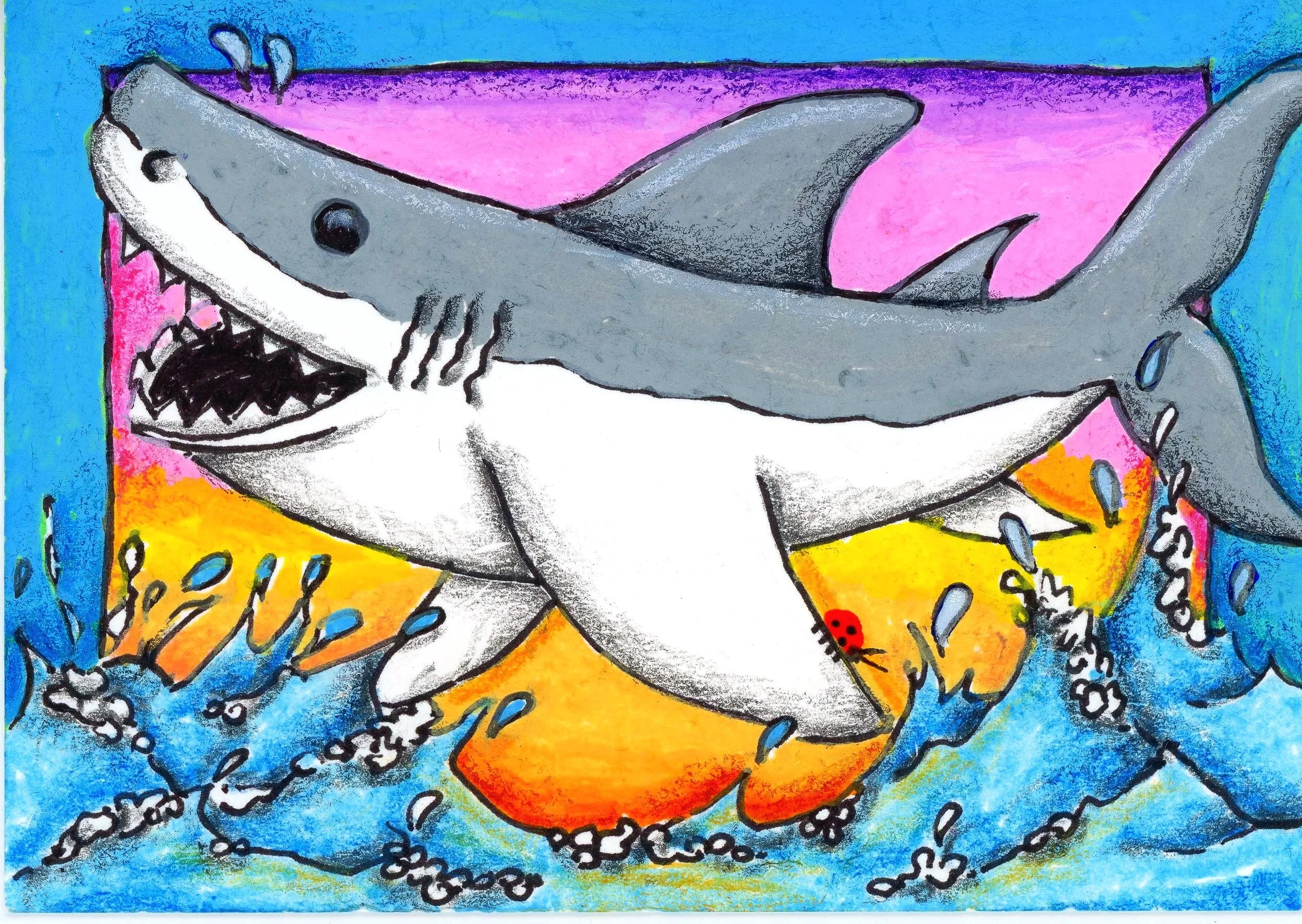 Shark breeching causing waves with sunset in the background
