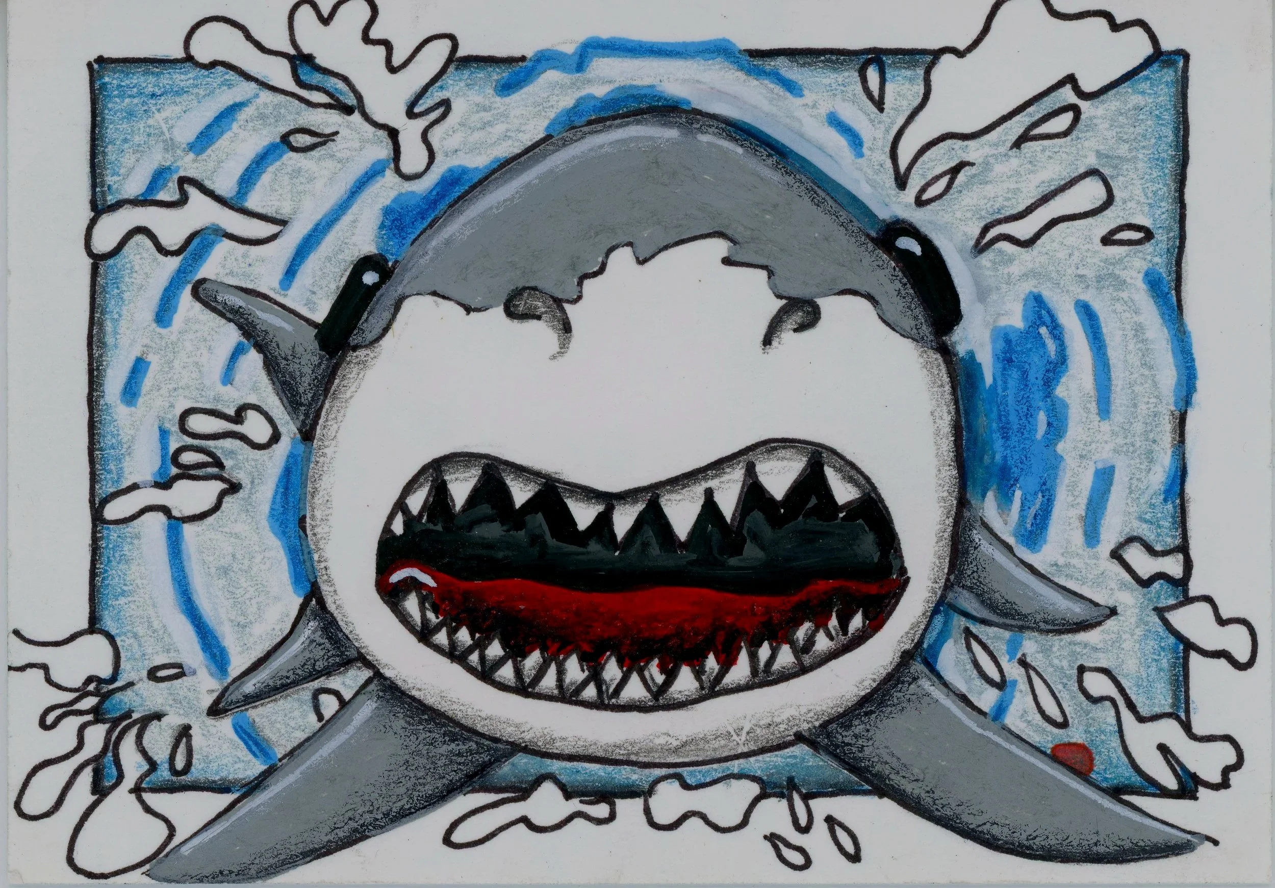 Breaching shark jumping up towards the viewer. splashes are around the shark