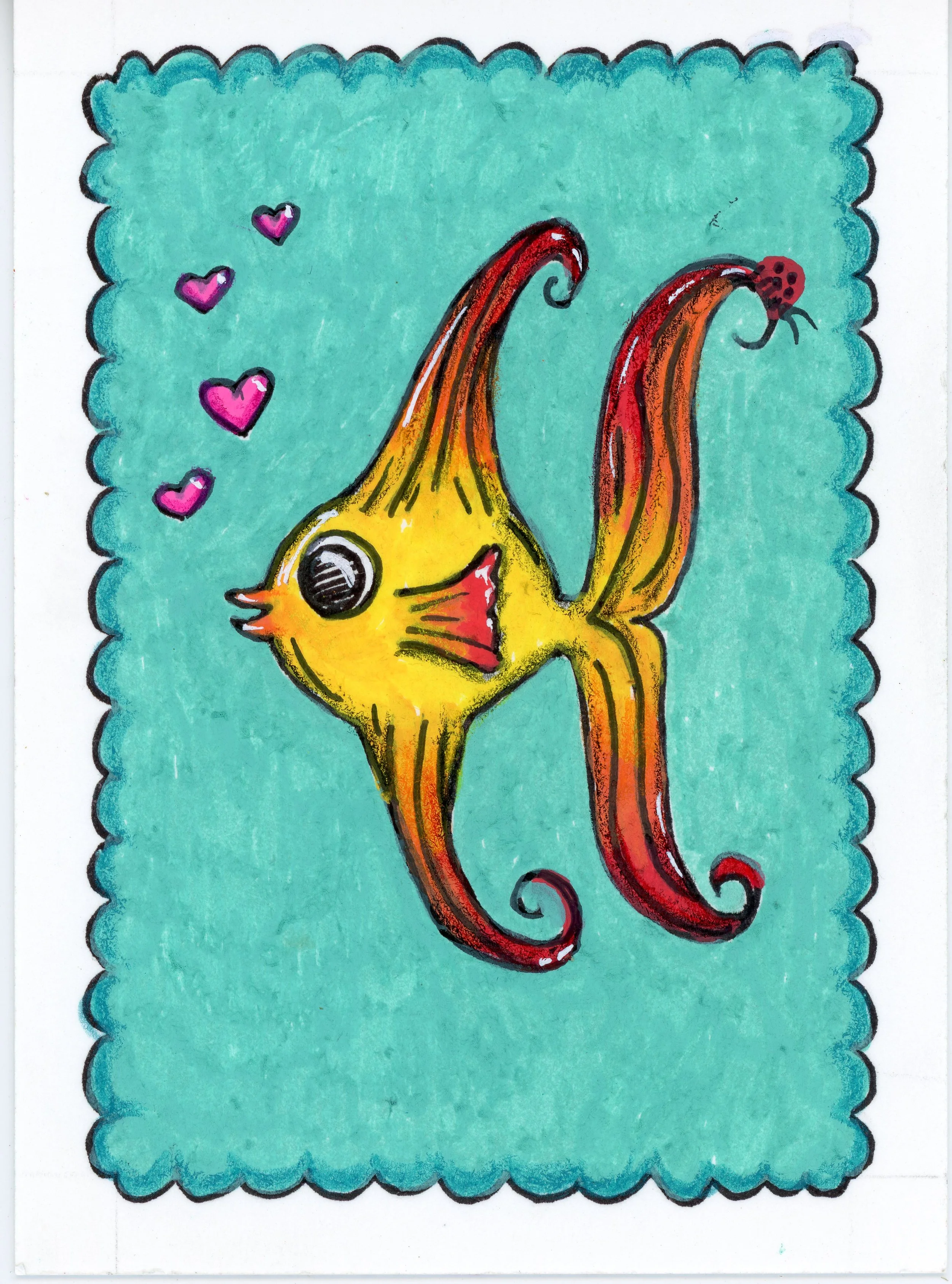 ROY fish - Red, orange, yellow in color. Bubbles in the shape of hearts floating up. edges of art are scalloped with a turquoise background