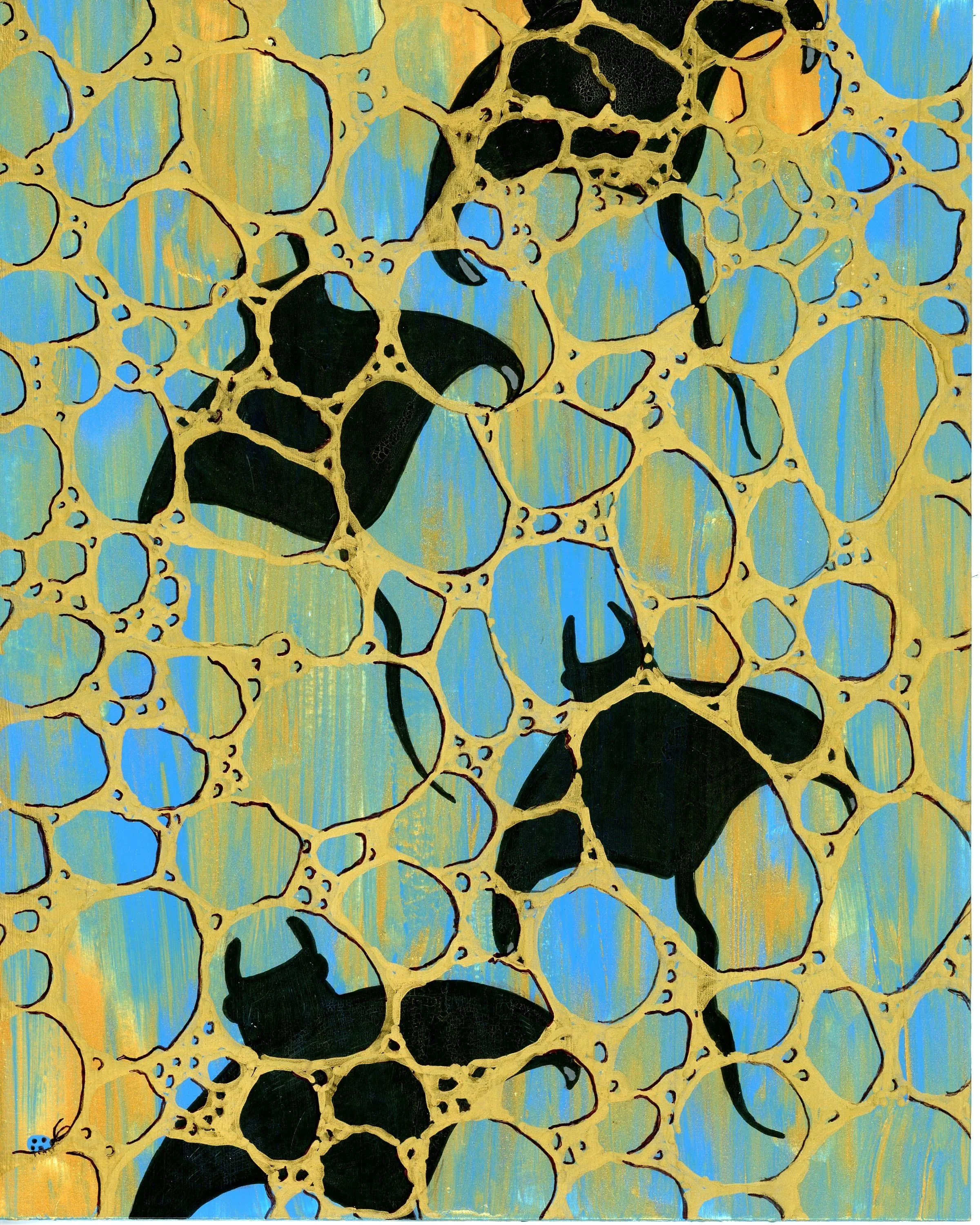 Manta Rays swimming under golden foam in the ocean
