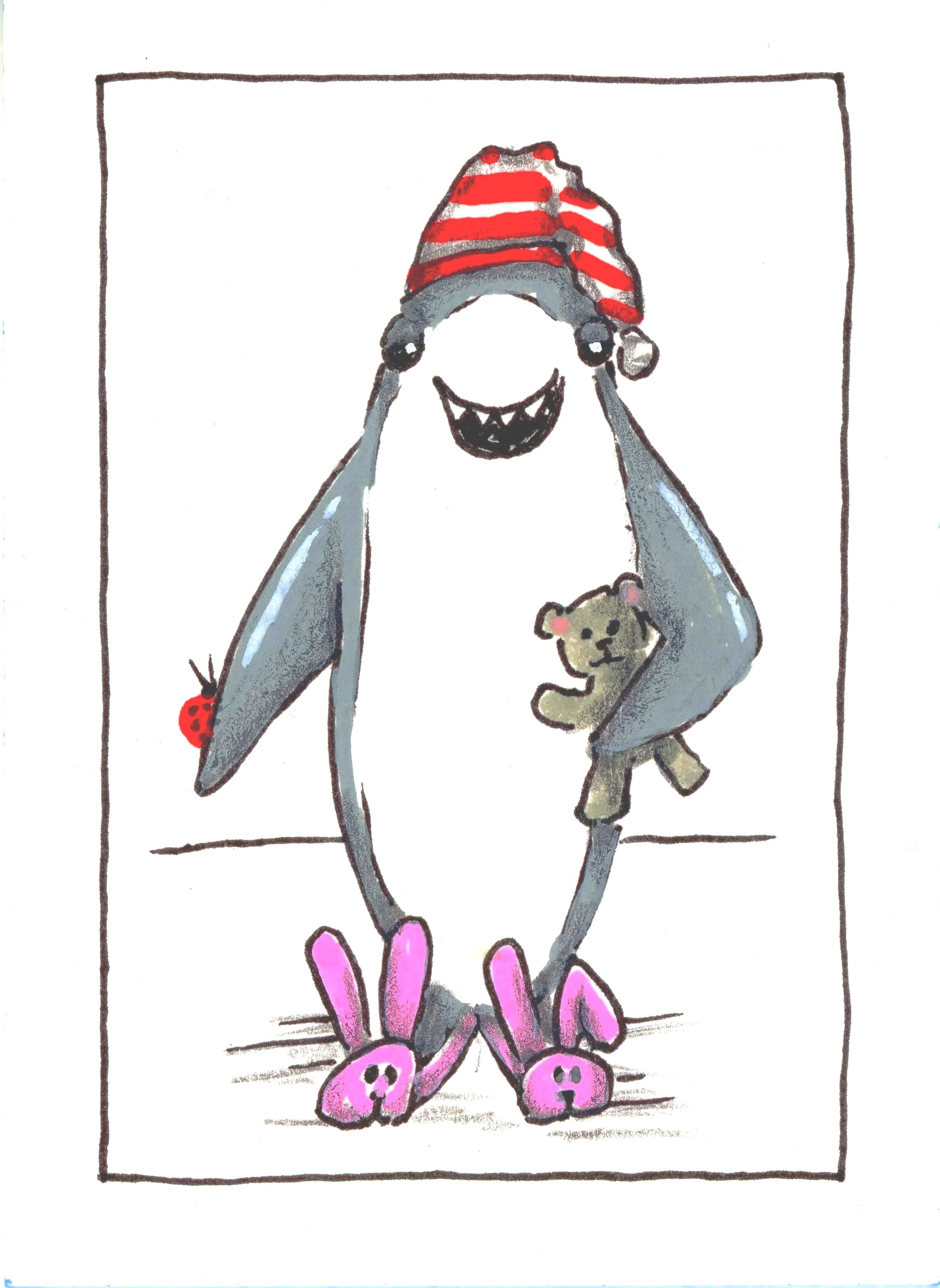 Shark in sleeping cap carrying a teddy bear and wearing bunny slippers