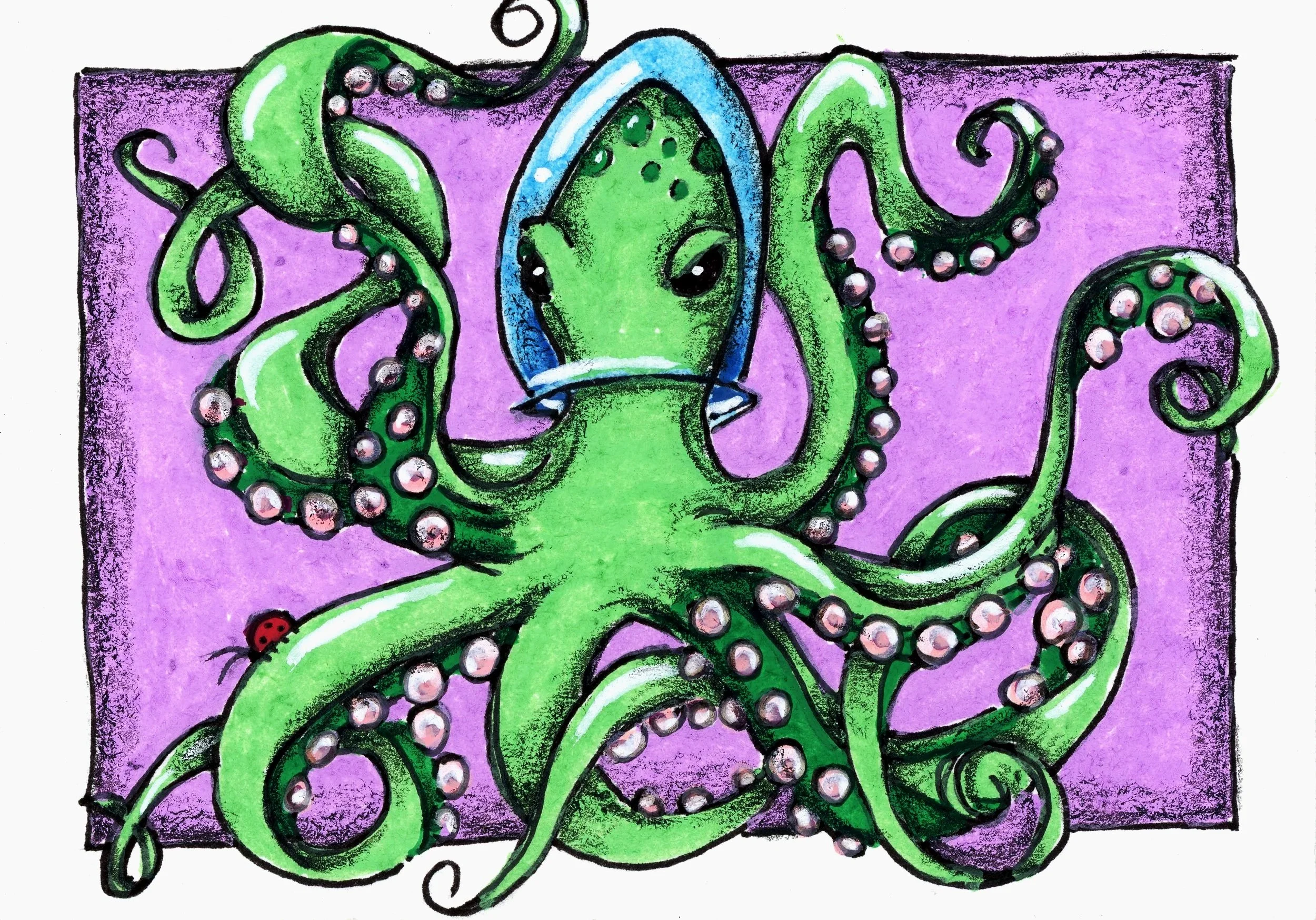 Octopus on purple background wearing a glass bowl as a helmet
