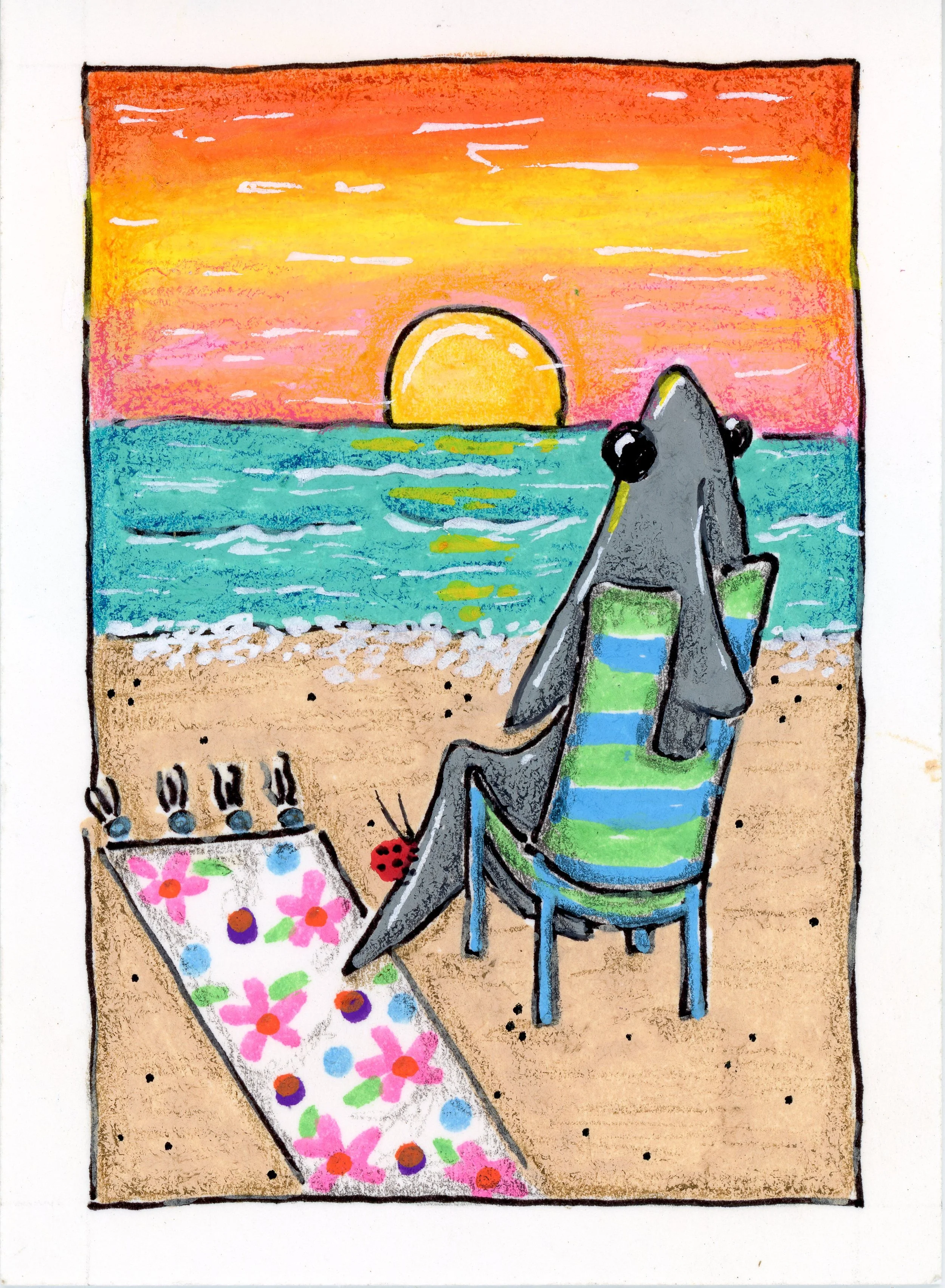 Shark sitting in a beach chair at the ocean's edge watching the sunrise. Beach towel is on the sand and water is reflecting the sunlight.