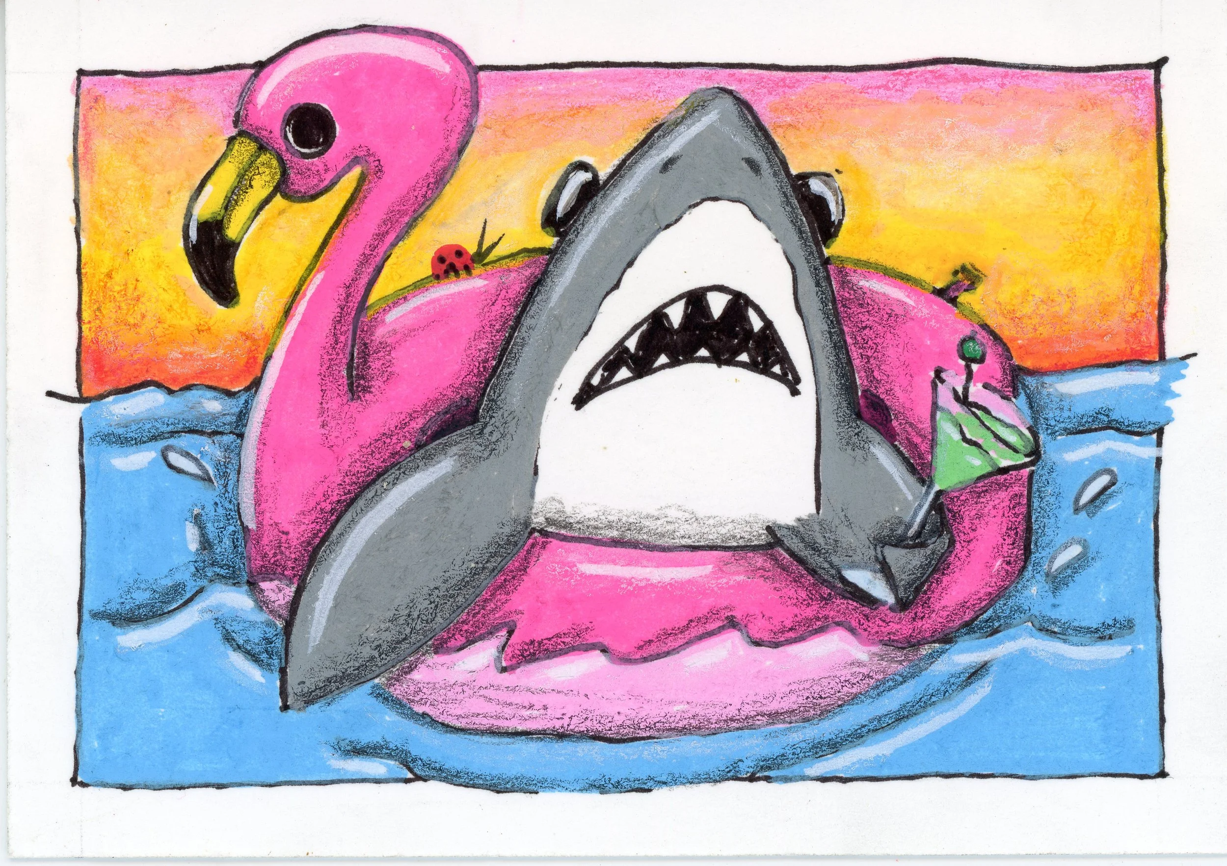 Shark floating in a flamingo floatie. Sunset in the background and holding a martini glass while soaking in the water.