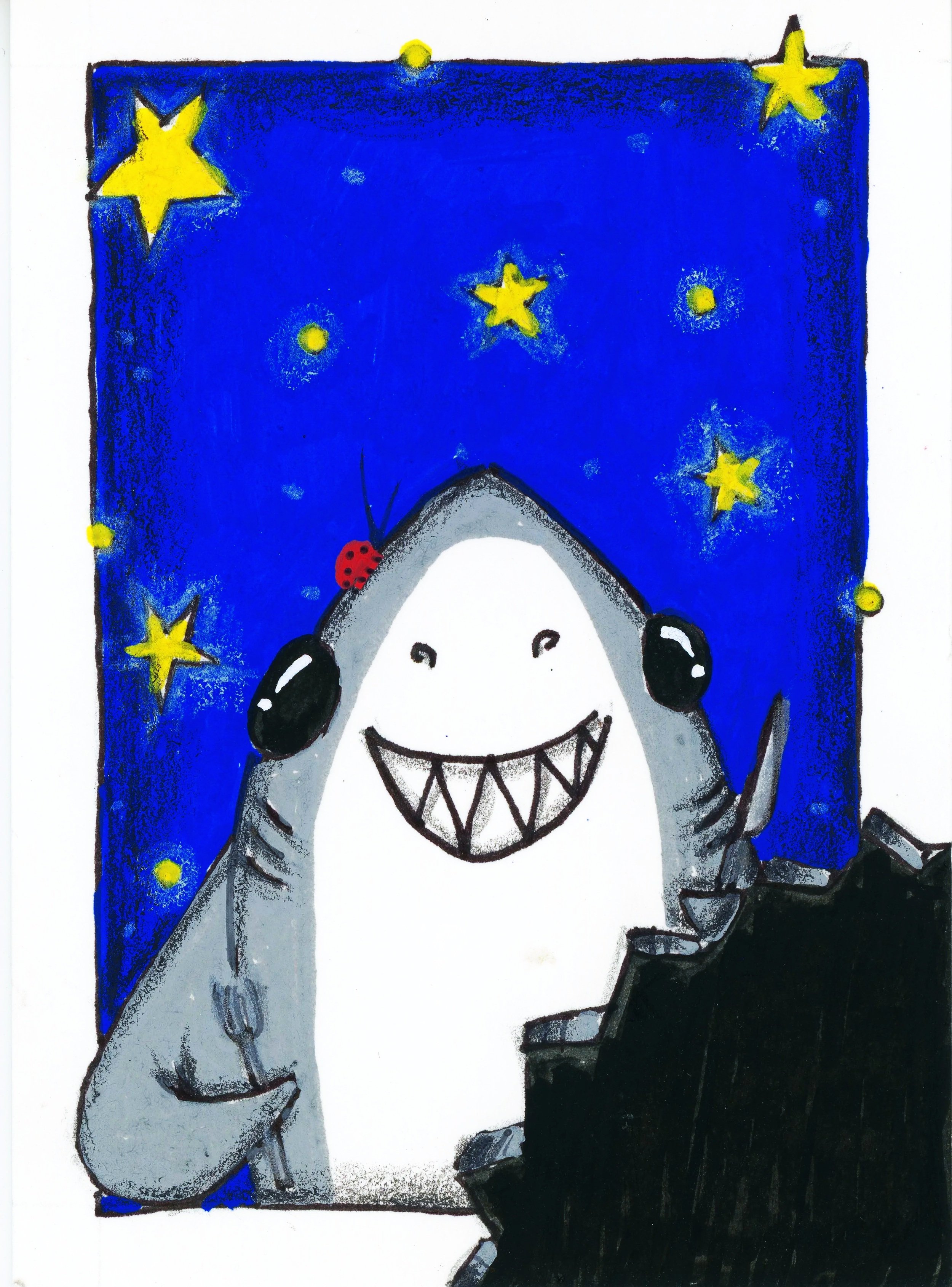 Shark at nighttime surrounded by stars. Bite is drawn, taken out of corner of image. Shark is holding fork and knife.