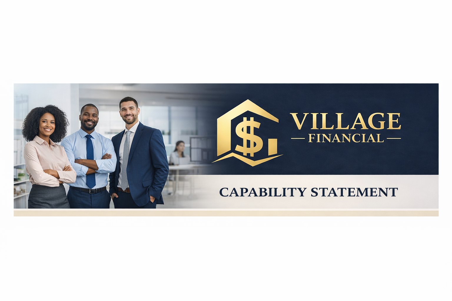 Photo of three diverse professionals standing in office with text overlay.