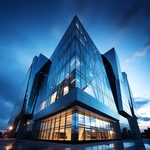 Modern glass office building with illuminated interior lights, reflecting the blue sky with clouds.