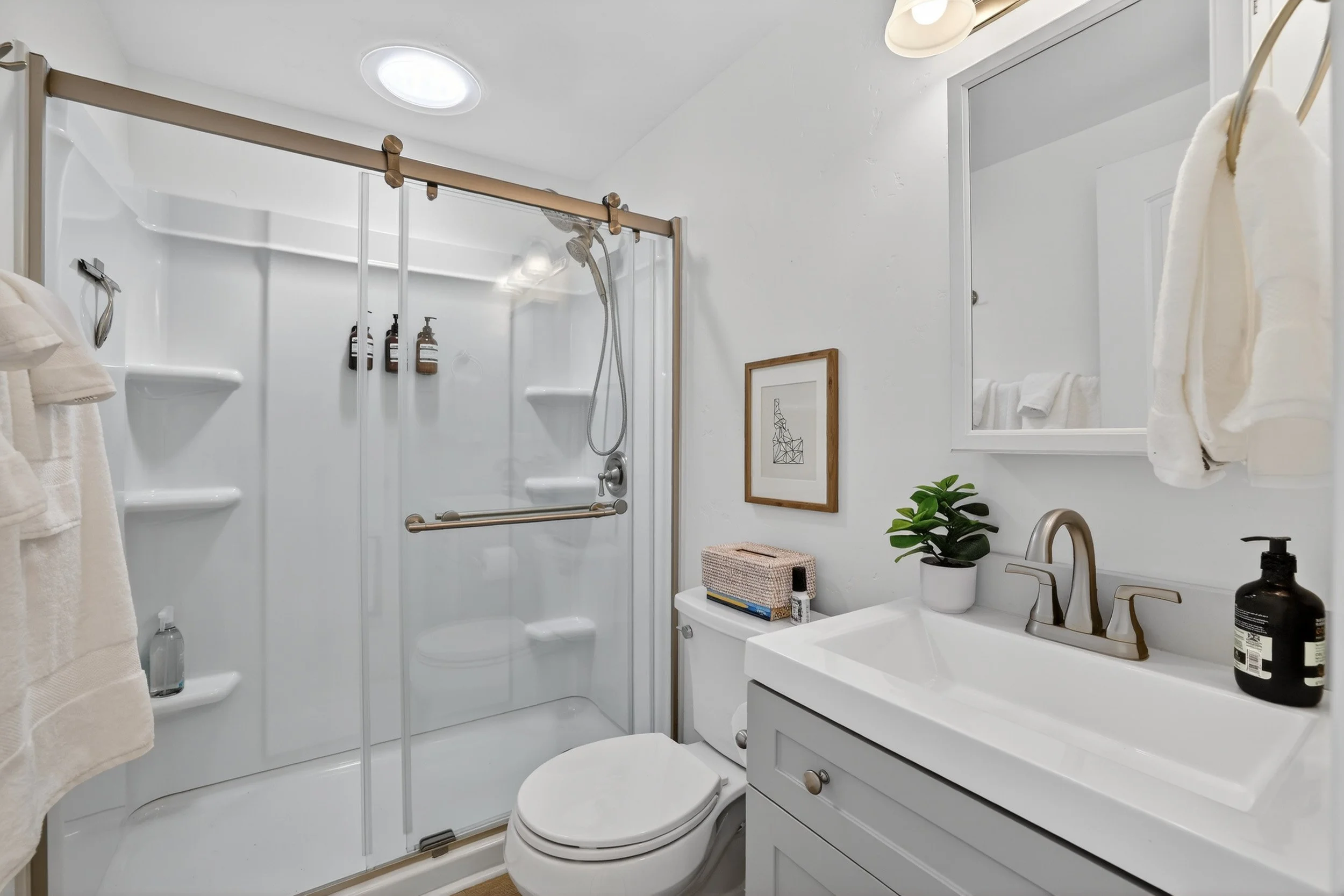 Small white bathroom with a walk-in shower, toilet, and sink. The shower has a sliding glass door, a handheld showerhead, and built-in shelves with toiletries. The bathroom is decorated with a framed picture, a small plant, a mirror above the sink, a
