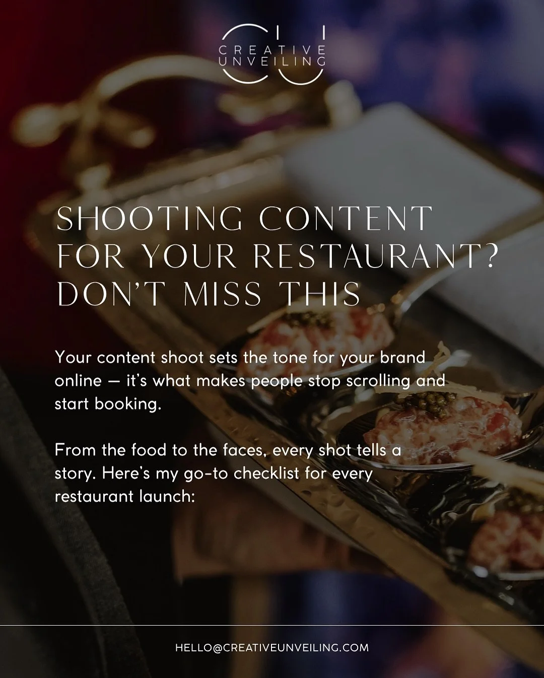 Your content shoot sets the tone for your brand online &mdash; it&rsquo;s what makes people stop scrolling and start booking.

From the food to the faces, every shot tells a story. Here&rsquo;s our go-to checklist for every restaurant shoot:
&bull; H