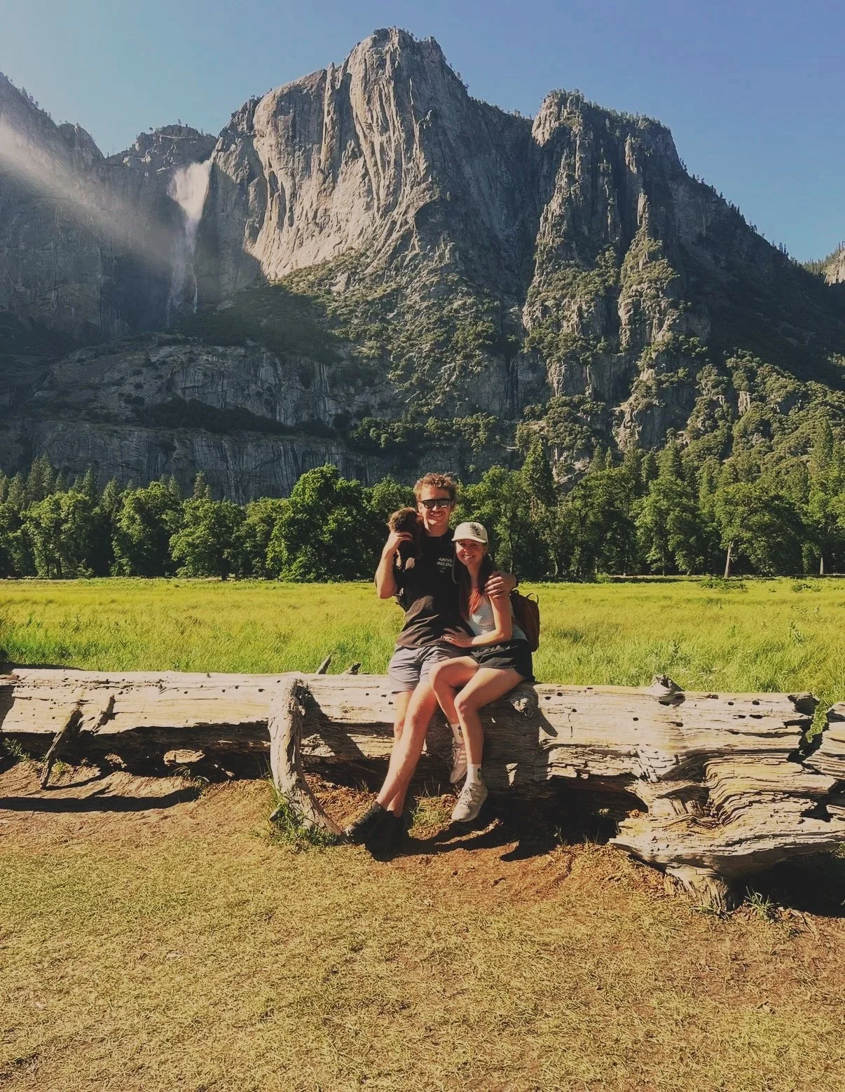 A smiling couple sitting on a fallen log in a grassy field with green trees and tall rocky mountains in the background.